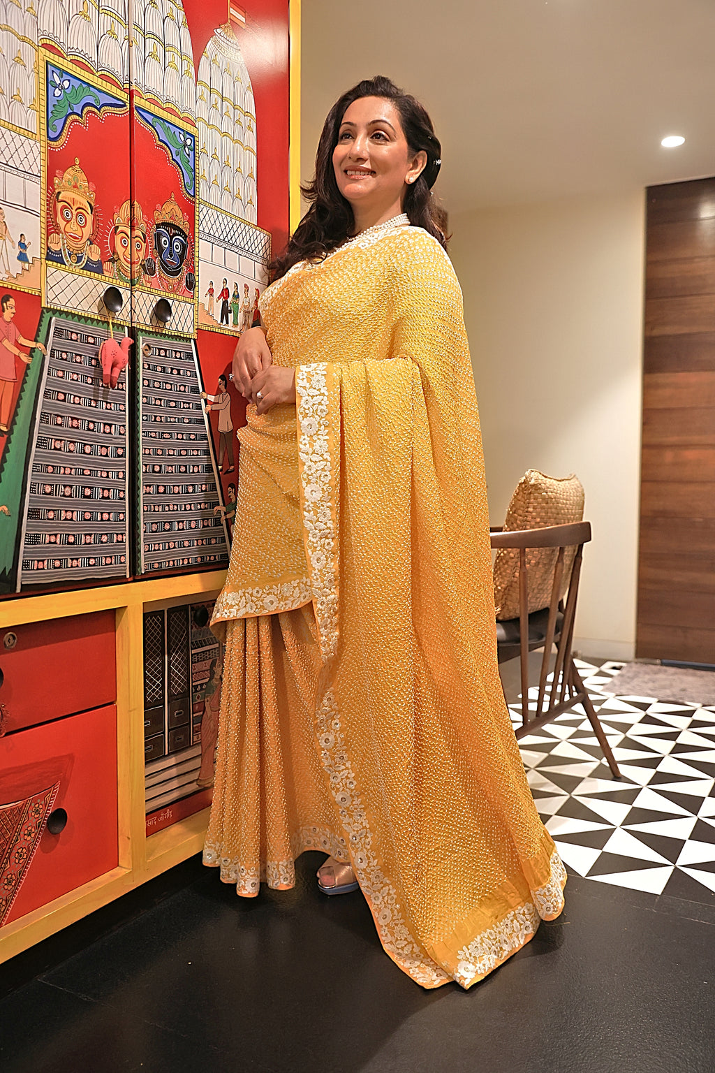 YELLOW ETERNAL DOTS BANDHANI SILK SAREE WITH LACE BORDER