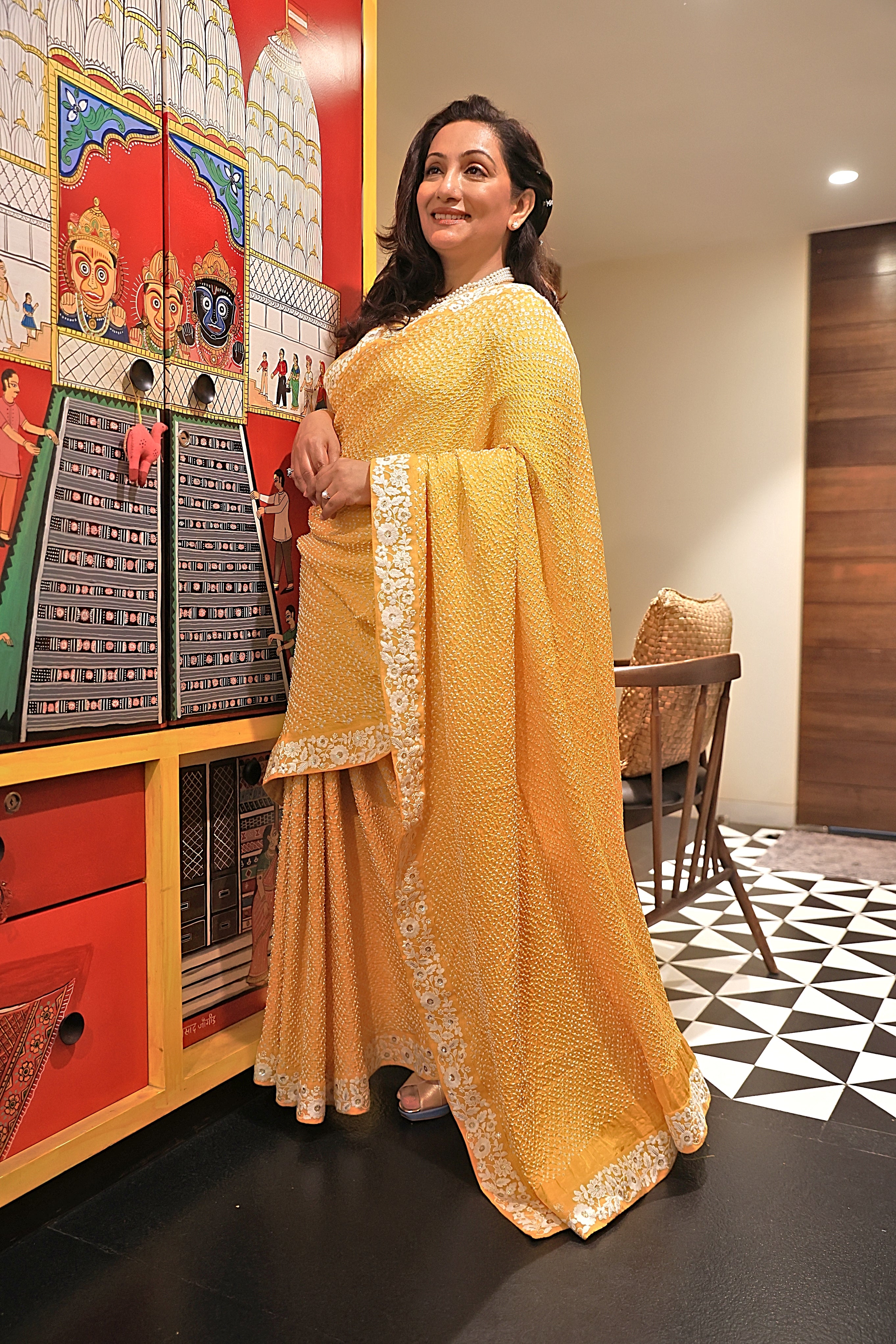 YELLOW ETERNAL DOTS BANDHANI SILK SAREE WITH LACE BORDER