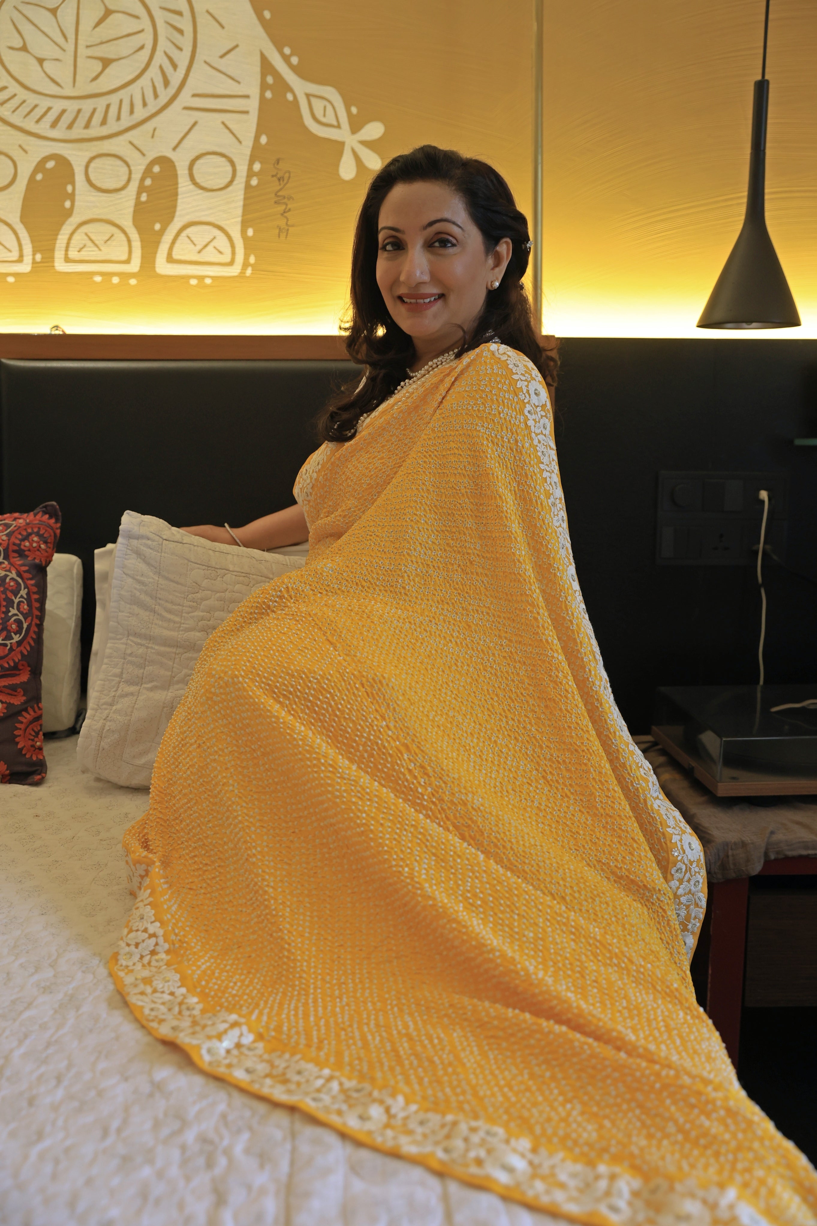 YELLOW ETERNAL DOTS BANDHANI SILK SAREE WITH LACE BORDER