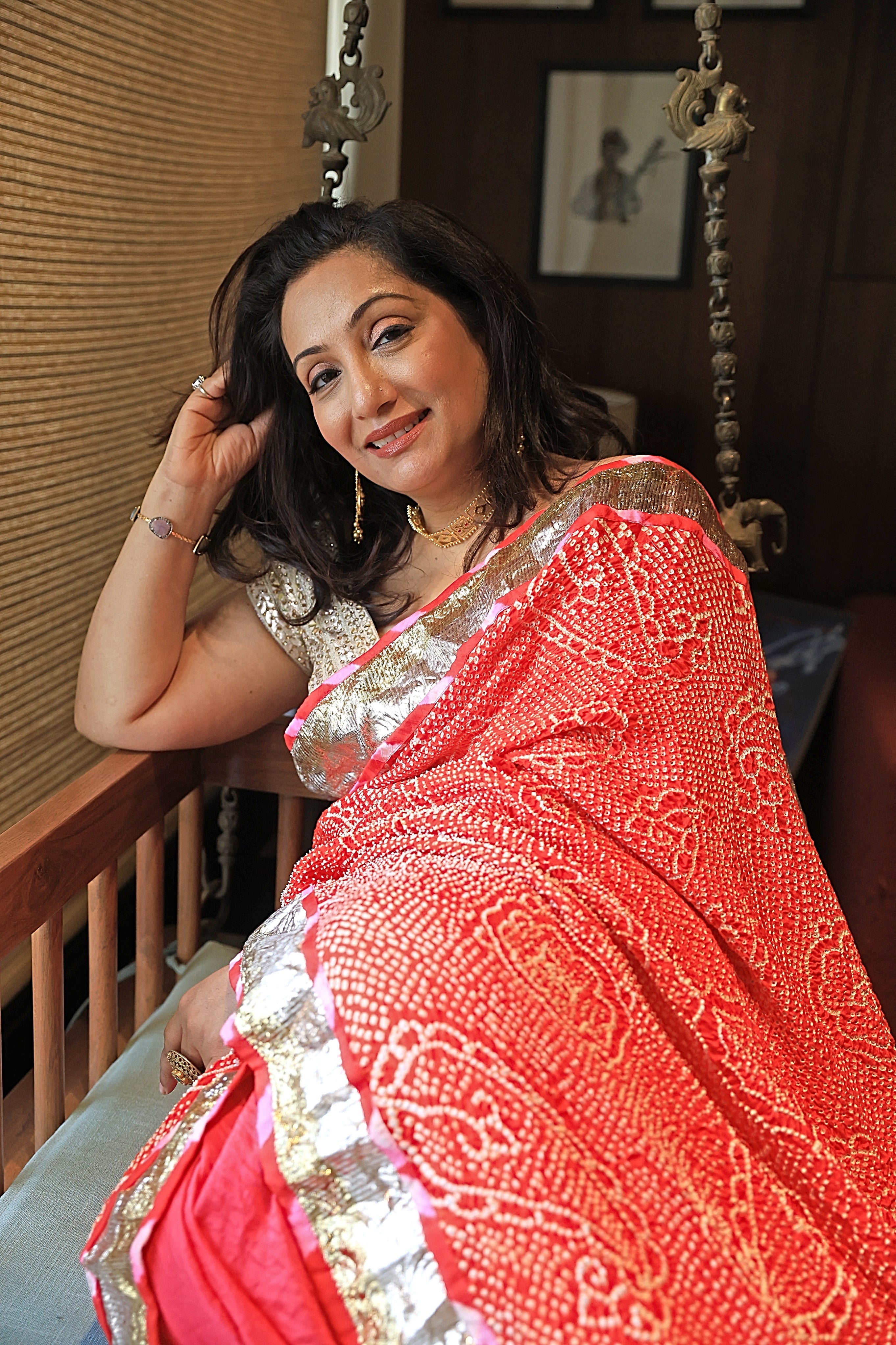 ORANGE-PINK YIN-YANG HALF FULL HALF EMPTY PAISLEY BANDHANI SILK SAREE WITH LAMPI BORDER