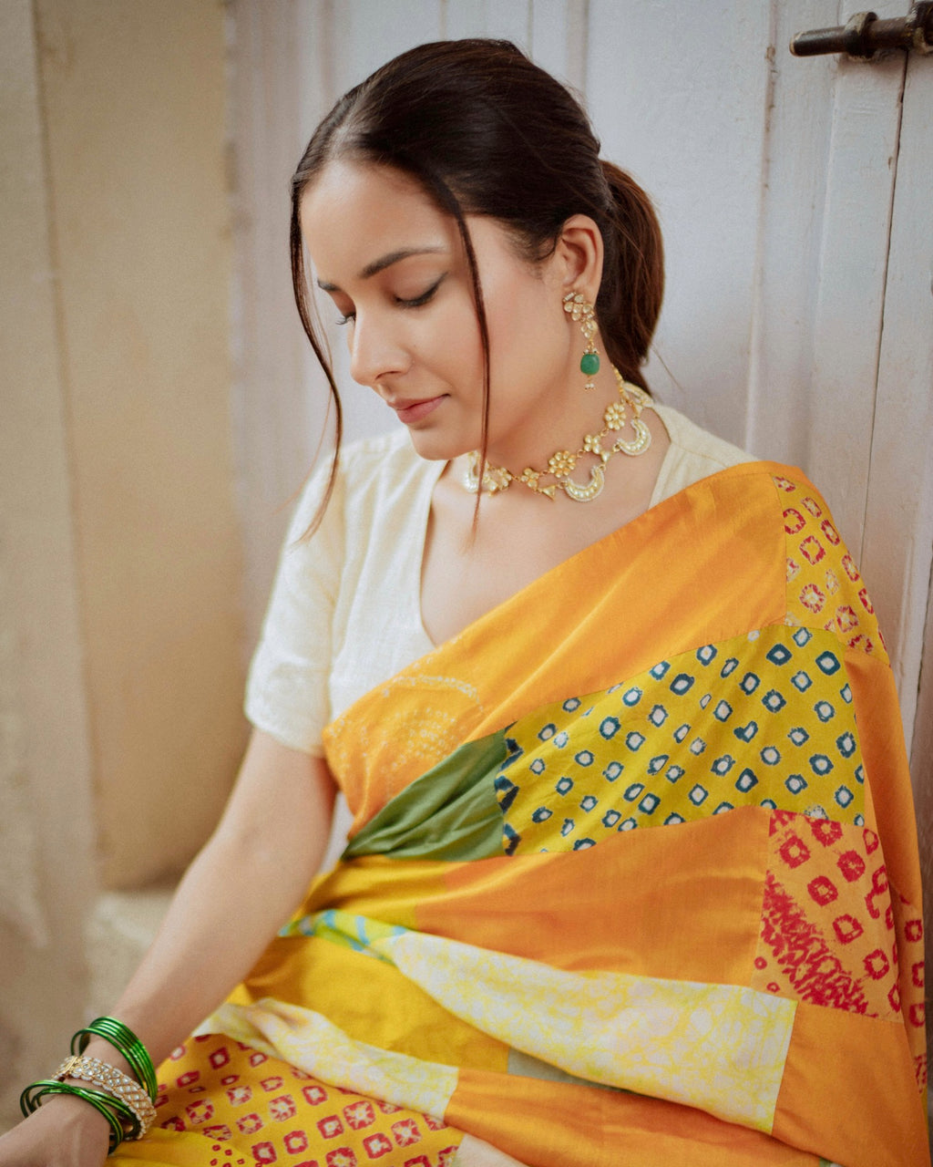YELLOW-GREEN BAARADOZI SILK PATCHWORK REVERSIBLE SAREE