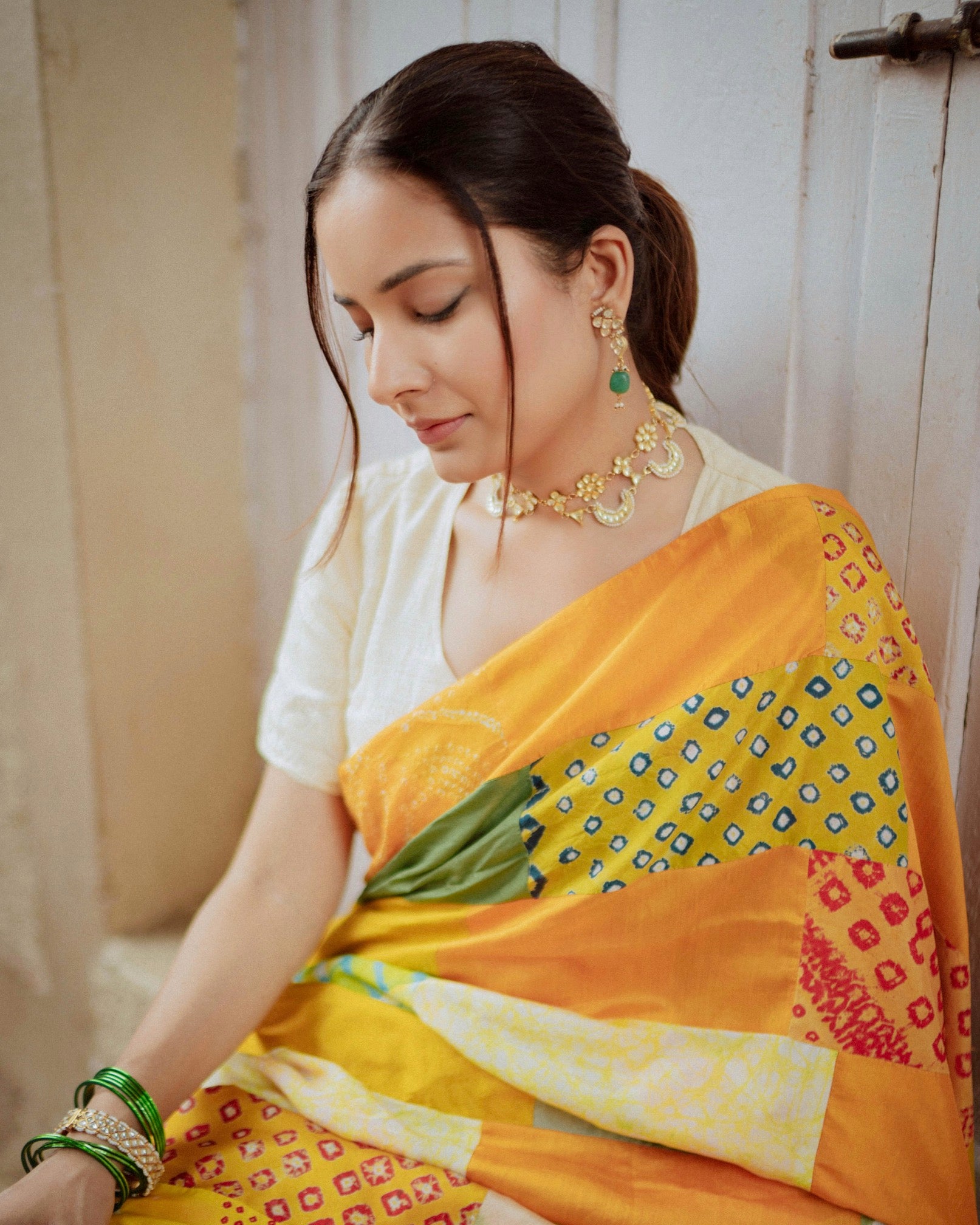 YELLOW-GREEN BAARADOZI SILK PATCHWORK REVERSIBLE SAREE