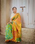 YELLOW-GREEN BAARADOZI SILK PATCHWORK REVERSIBLE SAREE