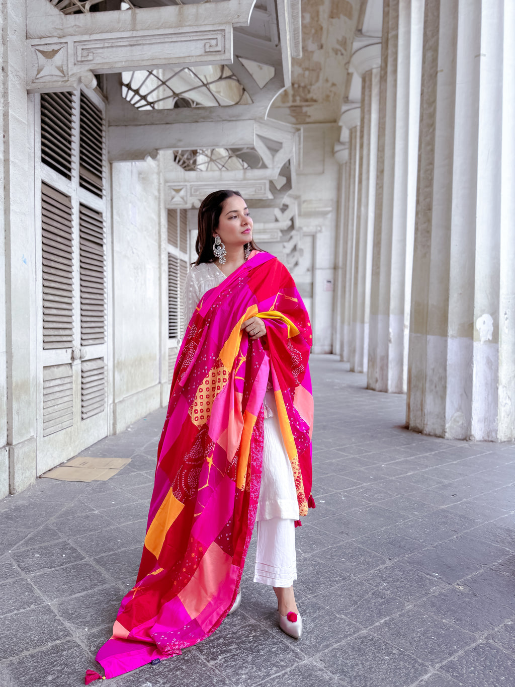 RED-PINK BAARADOZI SILK PATCHWORK REVERSIBLE DUPATTA