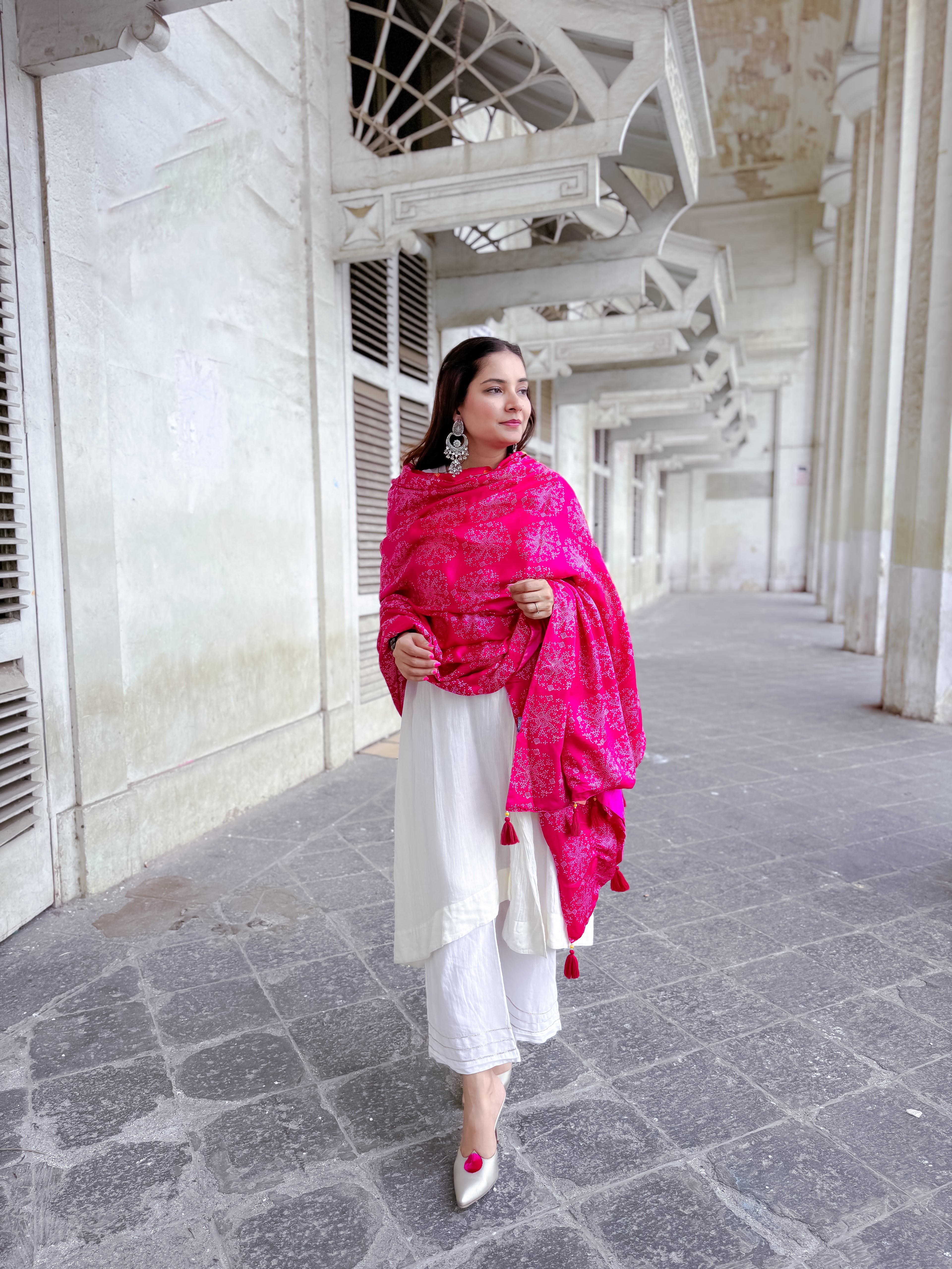 RED-PINK BAARADOZI SILK PATCHWORK REVERSIBLE DUPATTA