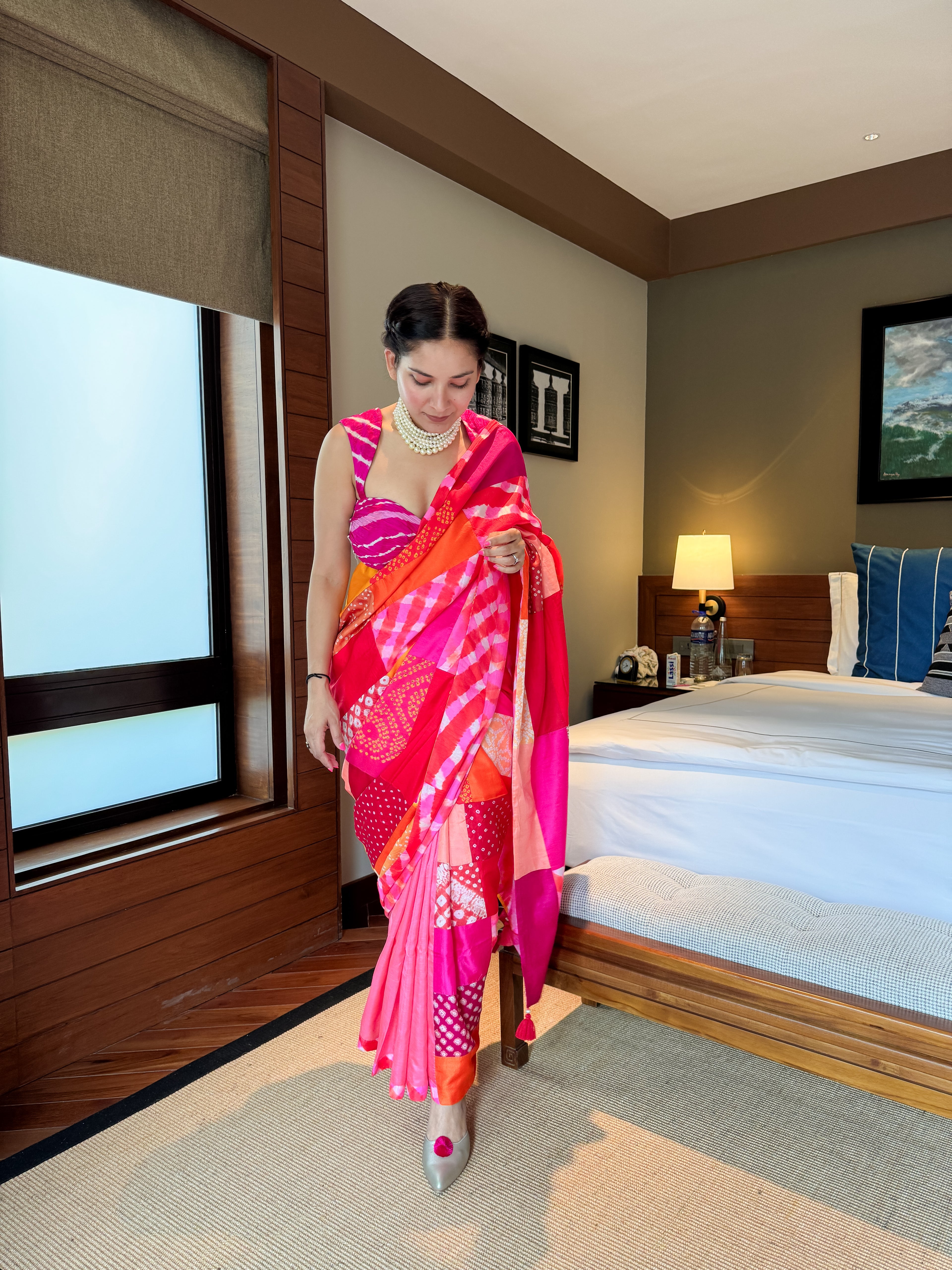 RED-PINK BAARADOZI SILK PATCHWORK REVERSIBLE SAREE
