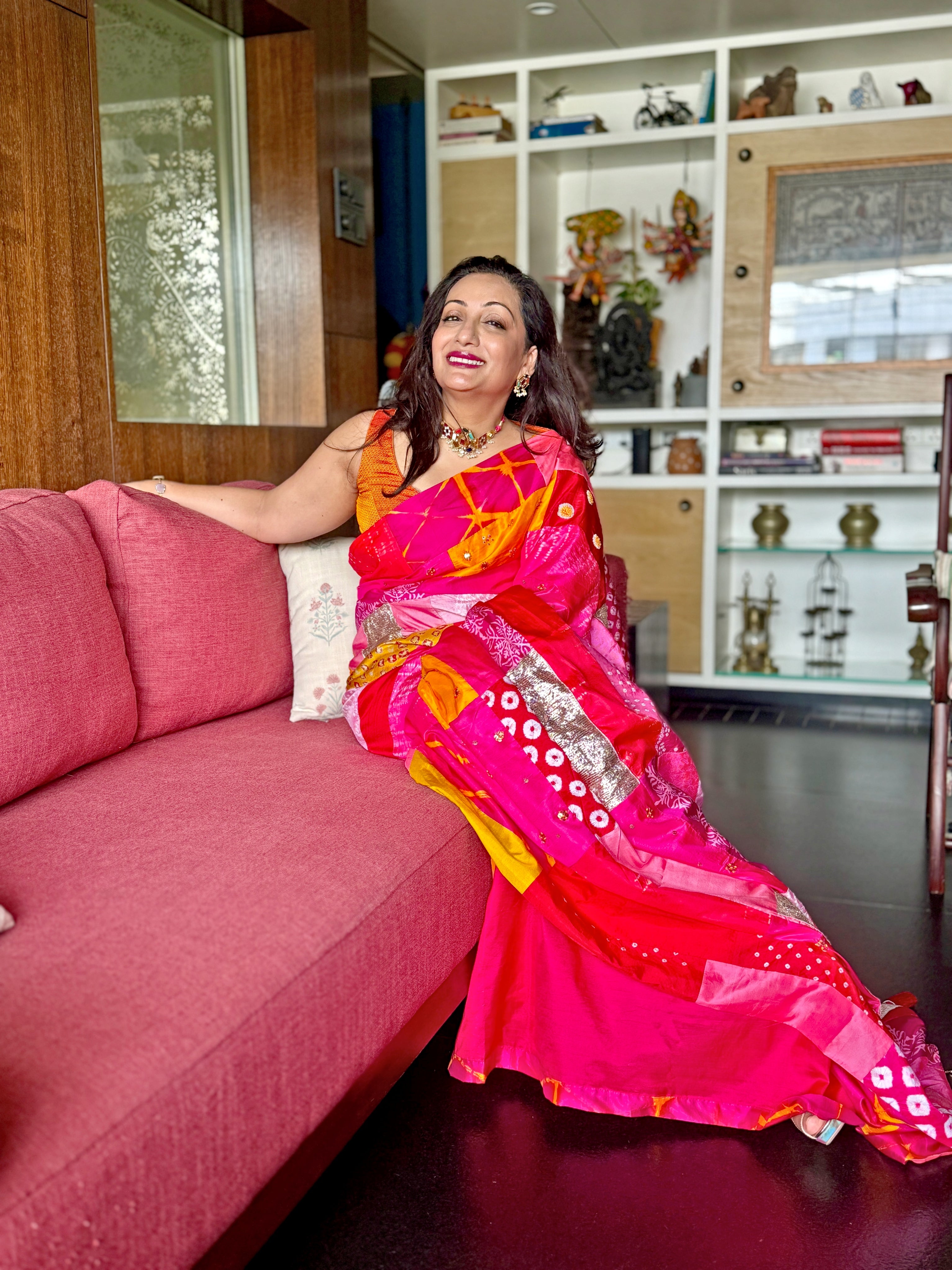 RED-PINK BAARADOZI SILK PATCHWORK REVERSIBLE SAREE WITH HANDCRAFTED EMBROIDERY
