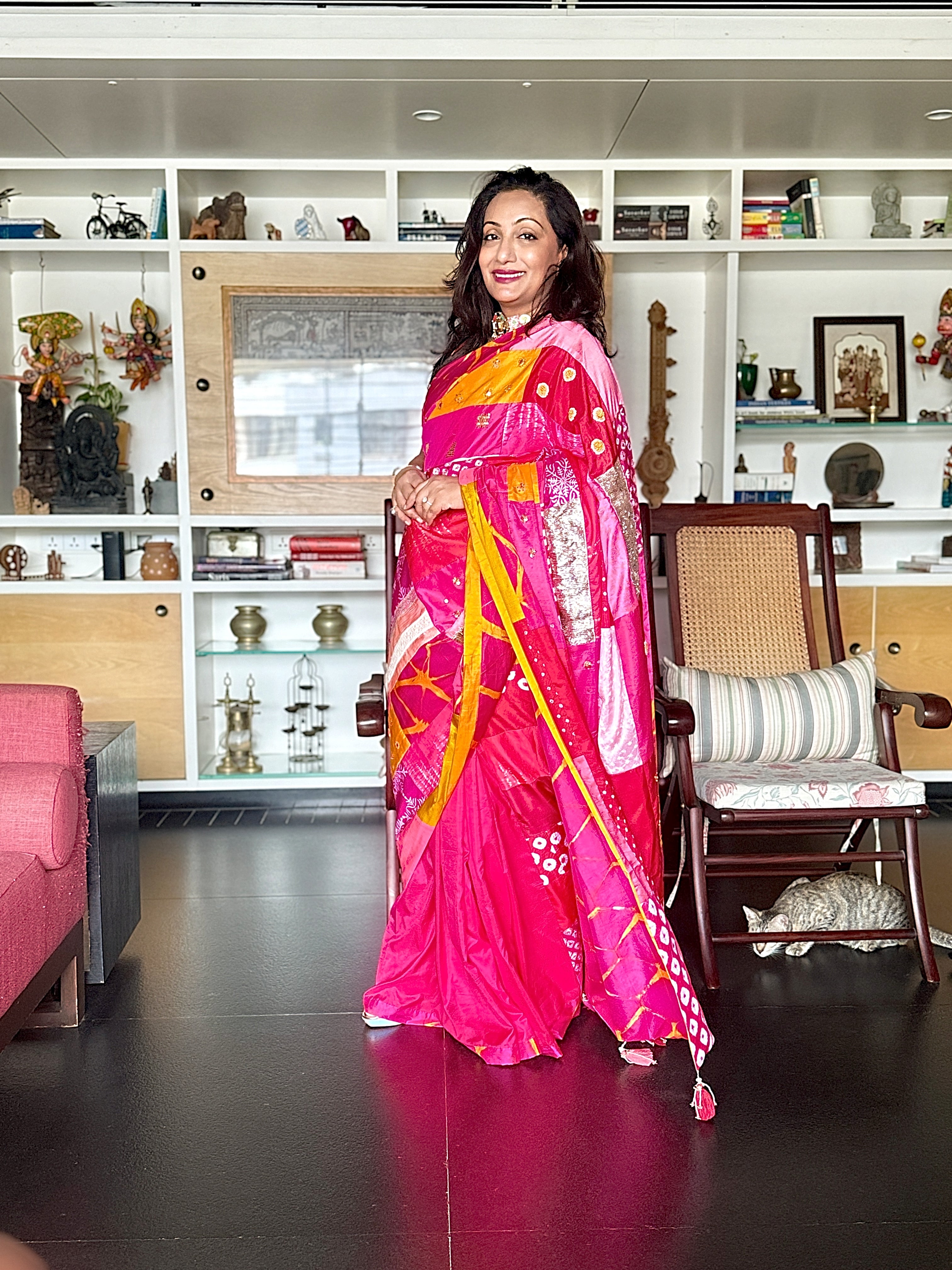 RED-PINK BAARADOZI SILK PATCHWORK REVERSIBLE SAREE WITH HANDCRAFTED EMBROIDERY