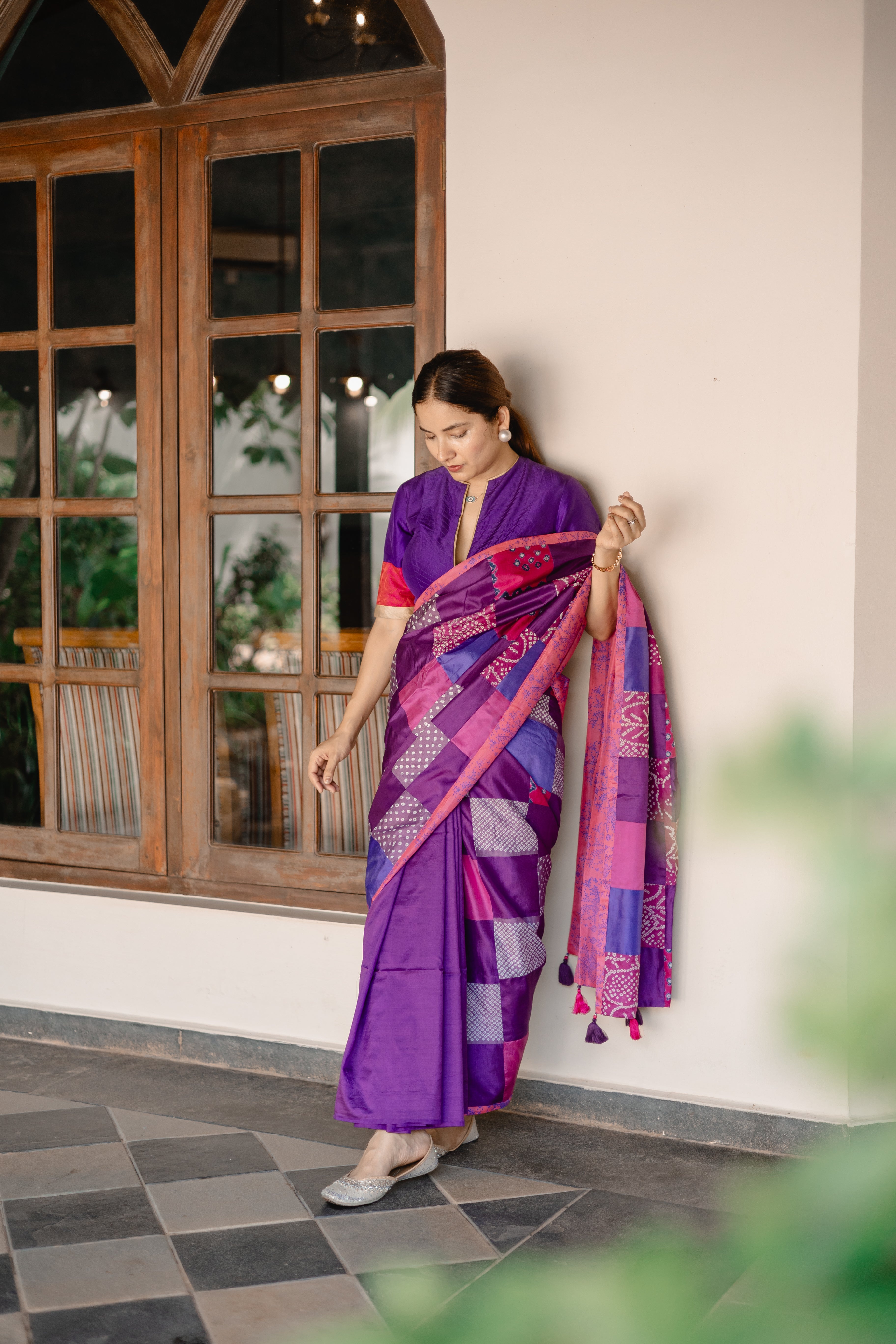 PURPLE BAARADOZI PATCHWORK REVERSIBLE SILK SAREE