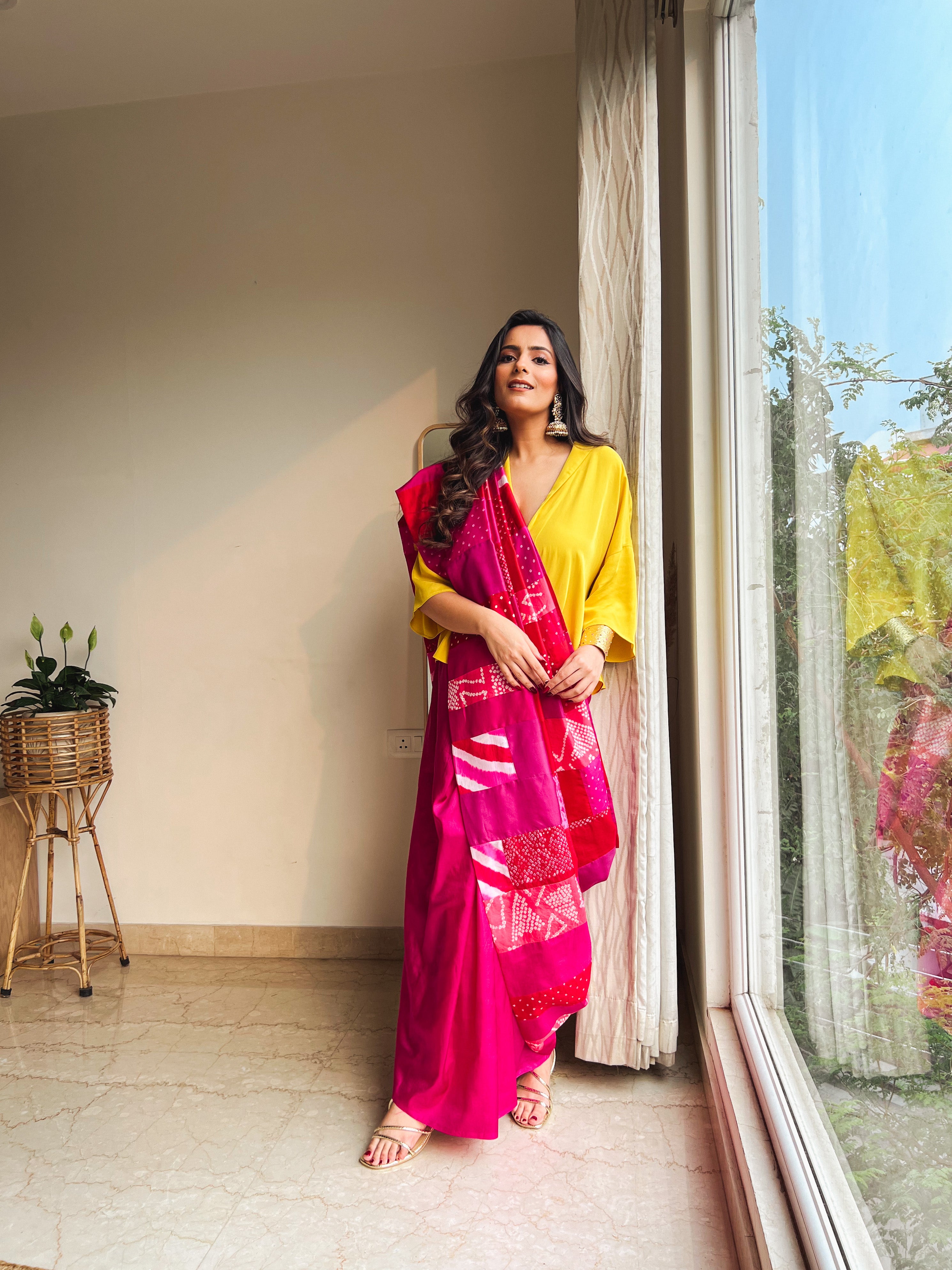 RED-PINK BAARADOZI SILK PATCHWORK REVERSIBLE SAREE