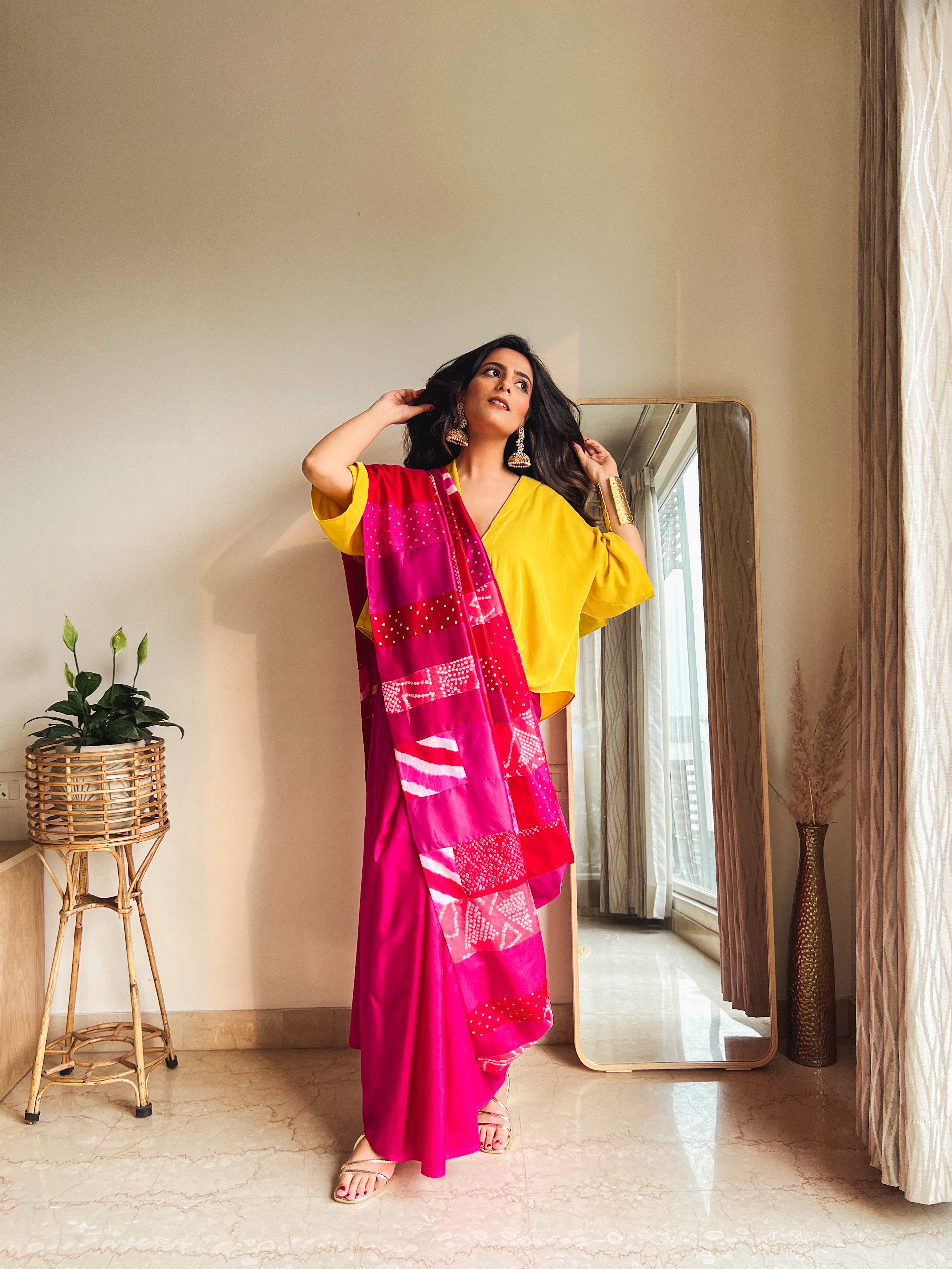 RED-PINK BAARADOZI SILK PATCHWORK REVERSIBLE SAREE