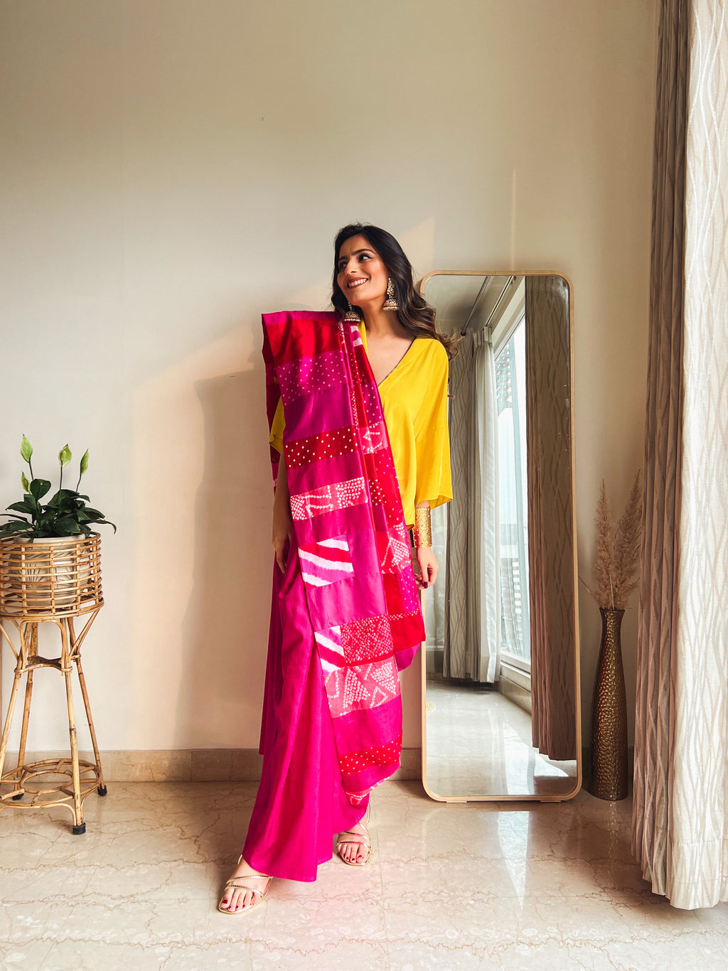RED-PINK BAARADOZI SILK PATCHWORK REVERSIBLE SAREE