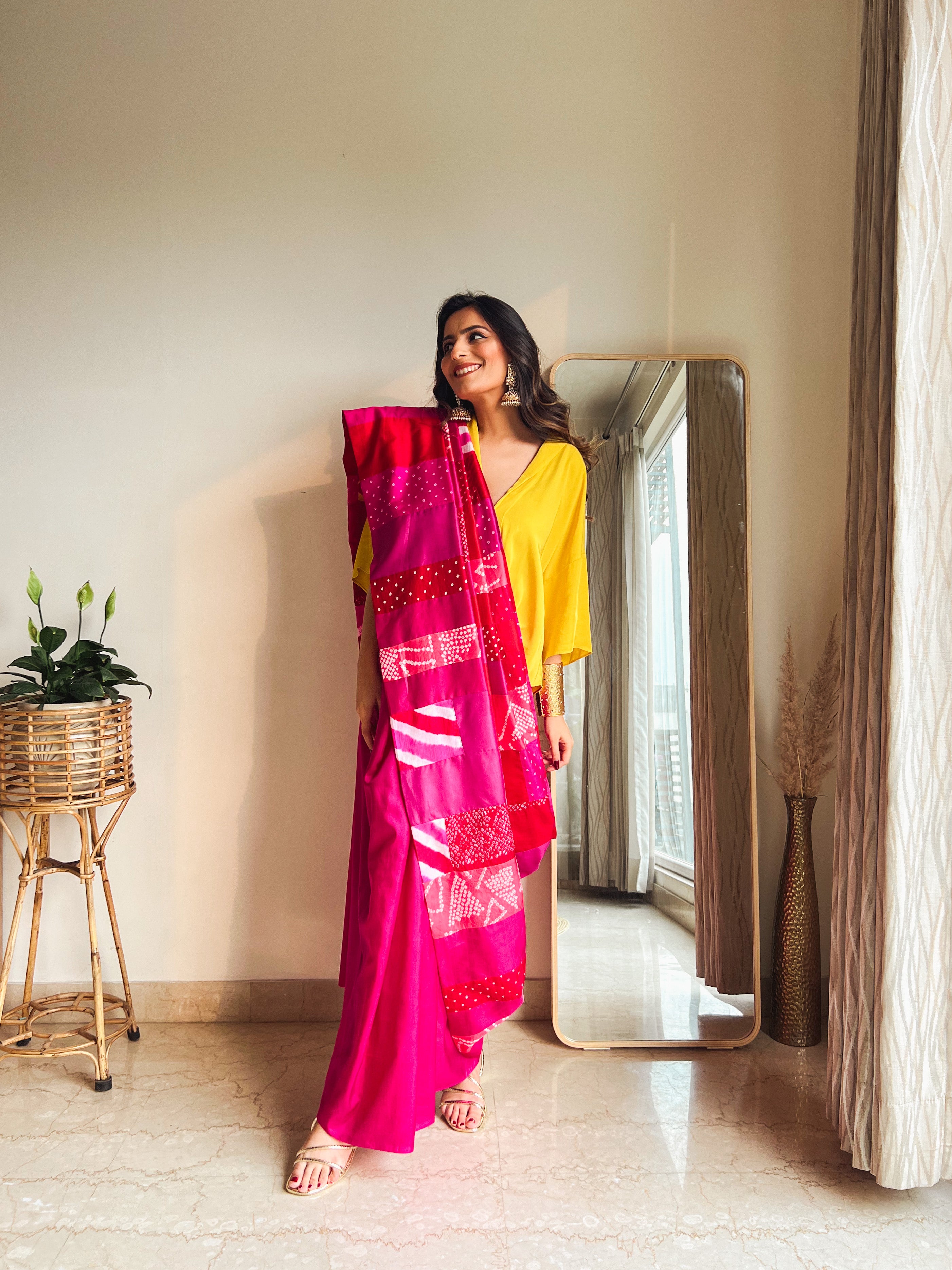 RED-PINK BAARADOZI SILK PATCHWORK REVERSIBLE SAREE