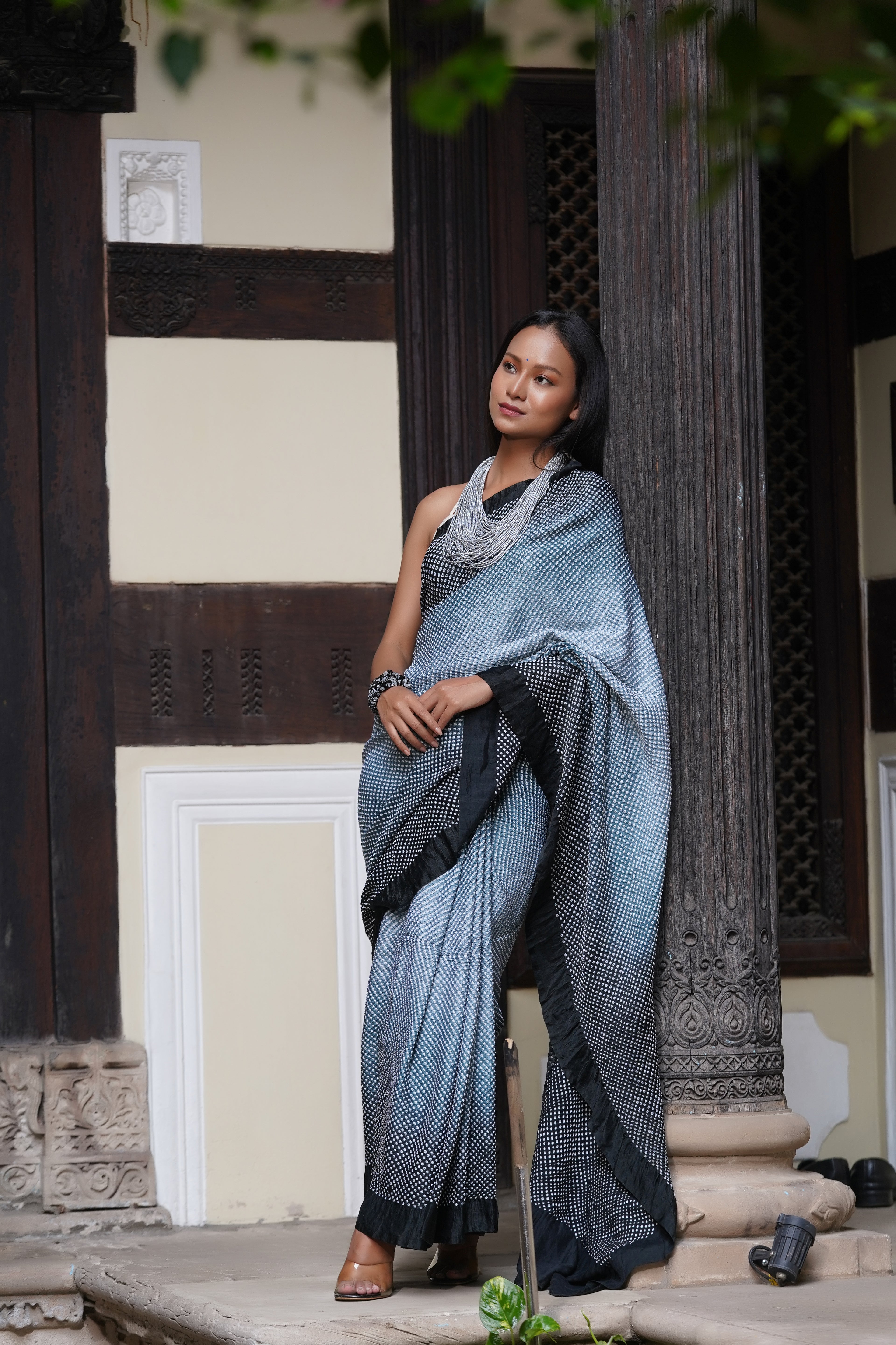 BLACK-GREY ETERNAL DOTS BANDHANI SILK SAREE