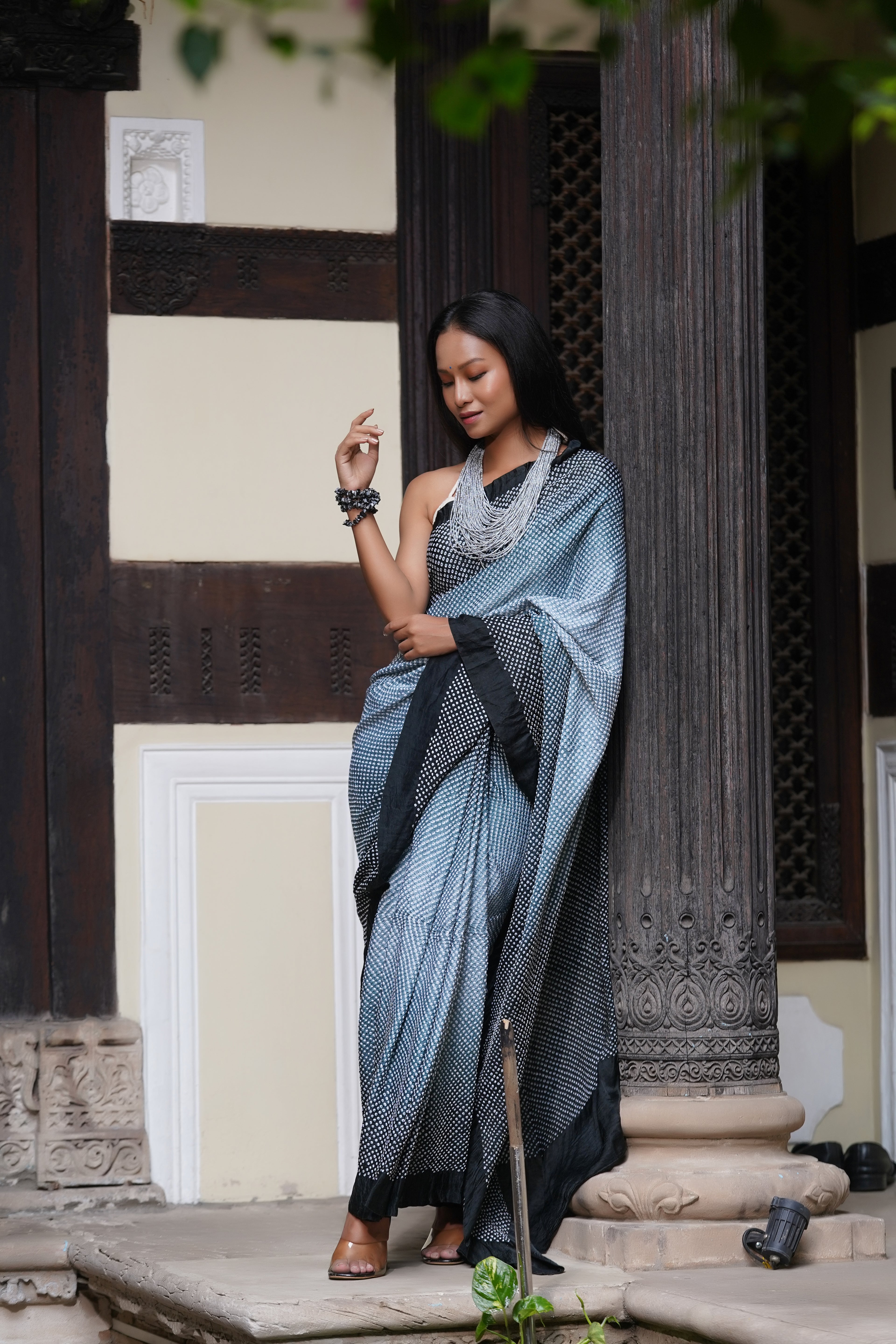 BLACK-GREY ETERNAL DOTS BANDHANI SILK SAREE