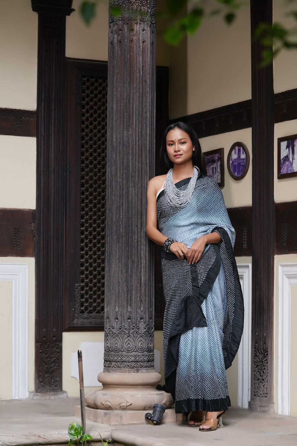BLACK-GREY ETERNAL DOTS BANDHANI SILK SAREE