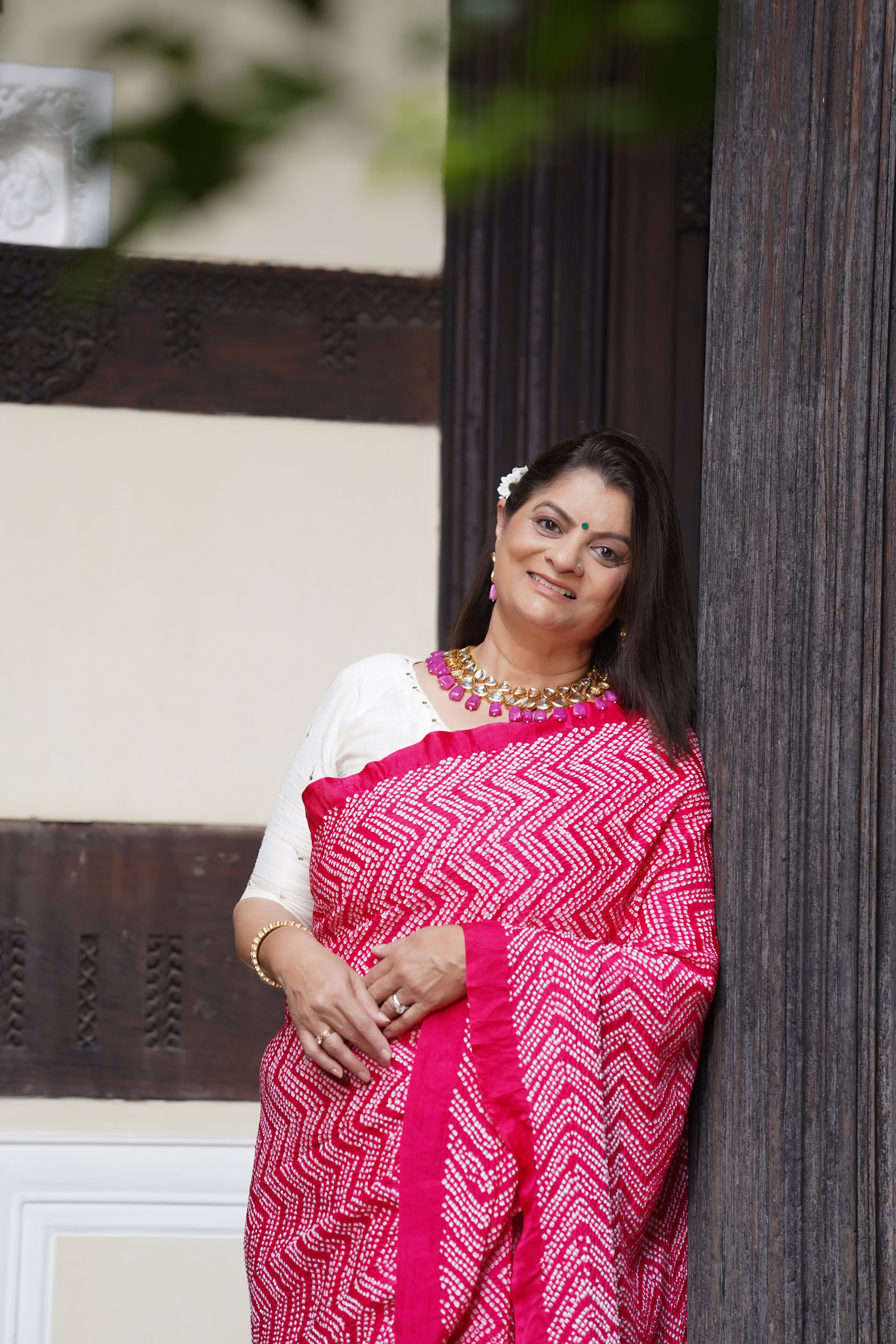 PINK O3 CHEVRON BANDHANI SILK SAREE