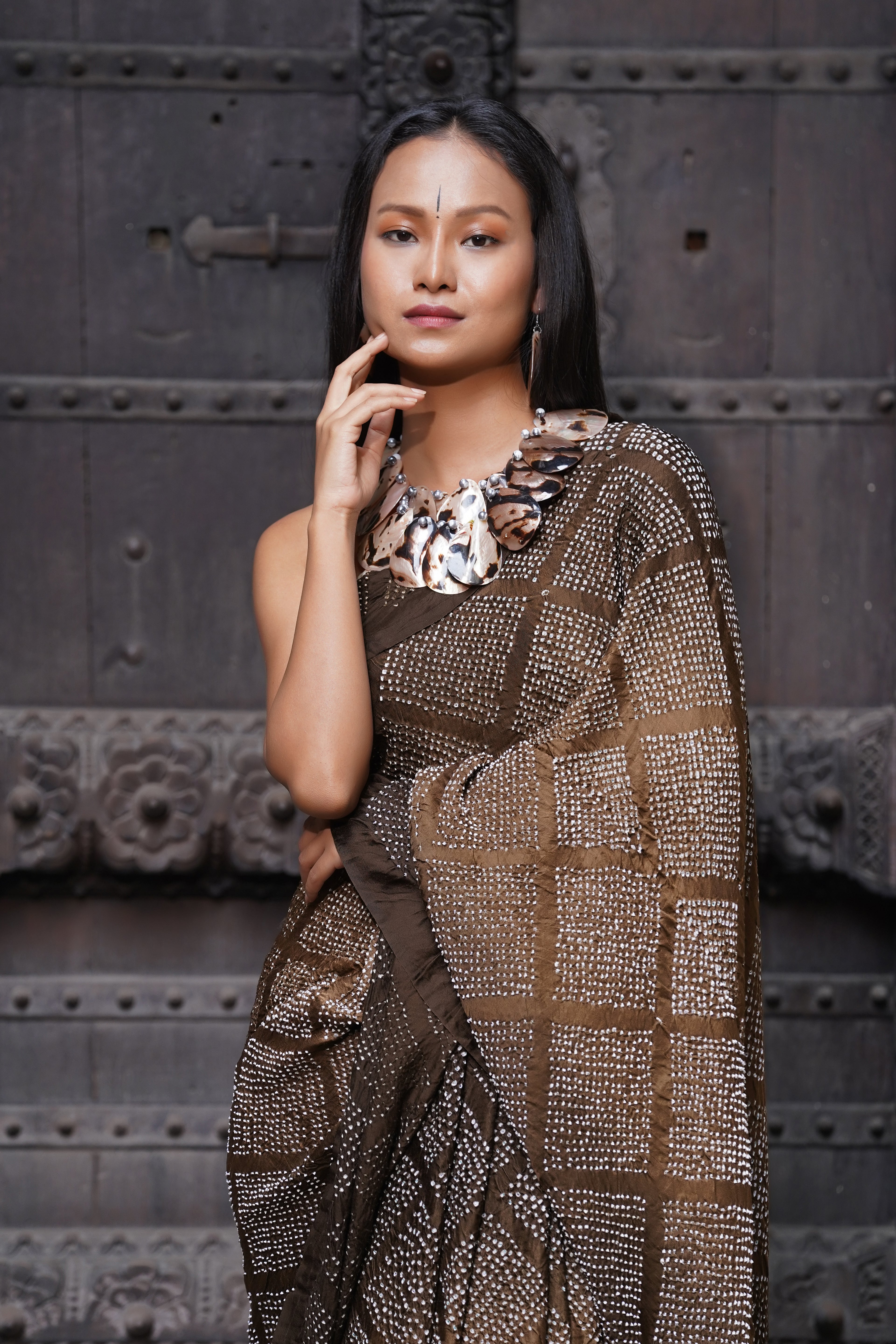 BROWN DIAMOND GEOMETRIC BANDHANI SILK SAREE