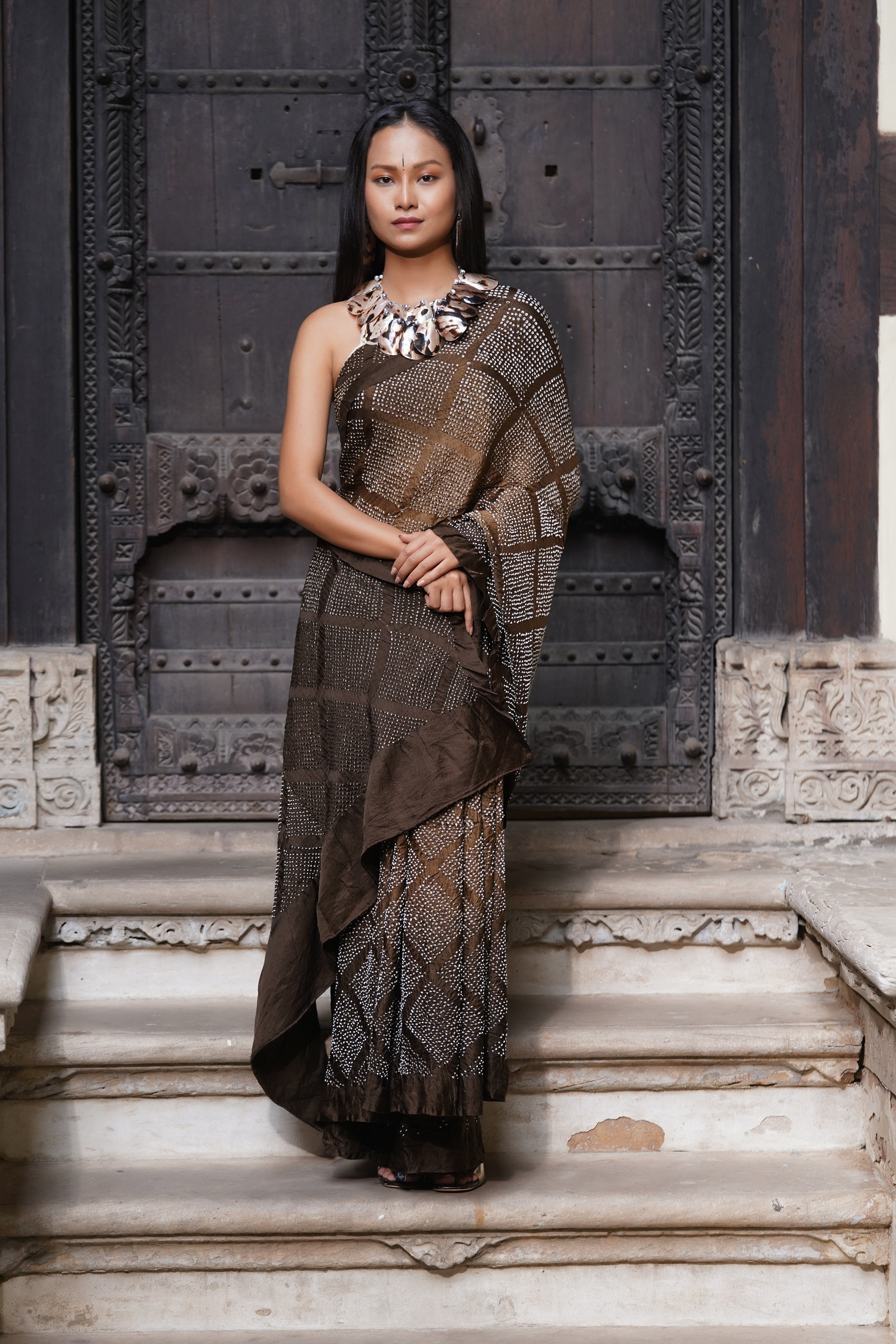 BROWN DIAMOND GEOMETRIC BANDHANI SILK SAREE
