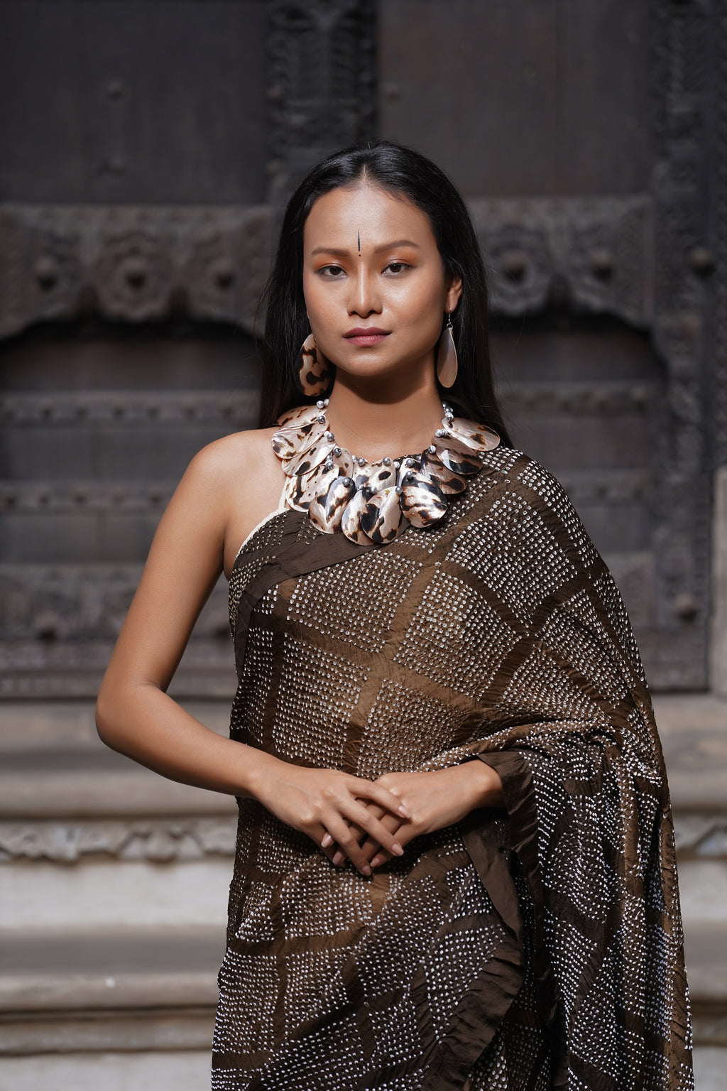 BROWN DIAMOND GEOMETRIC BANDHANI SILK SAREE