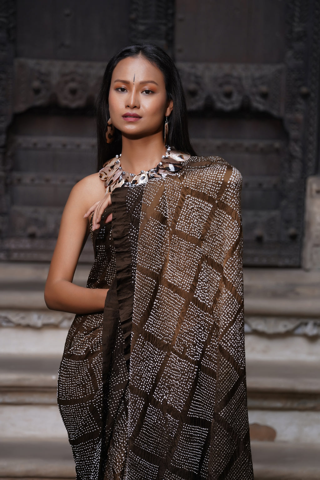 BROWN DIAMOND GEOMETRIC BANDHANI SILK SAREE