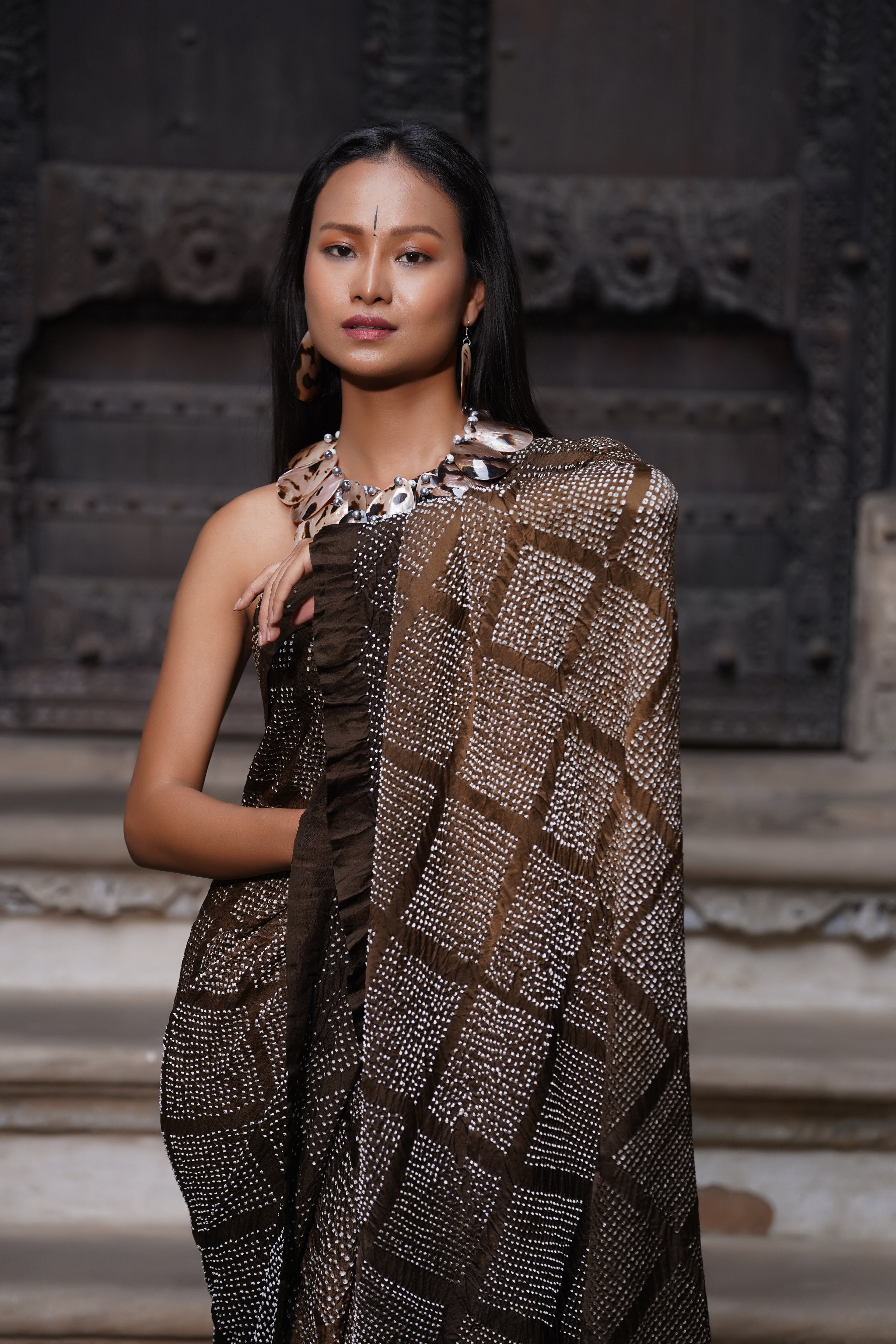 BROWN DIAMOND GEOMETRIC BANDHANI SILK SAREE