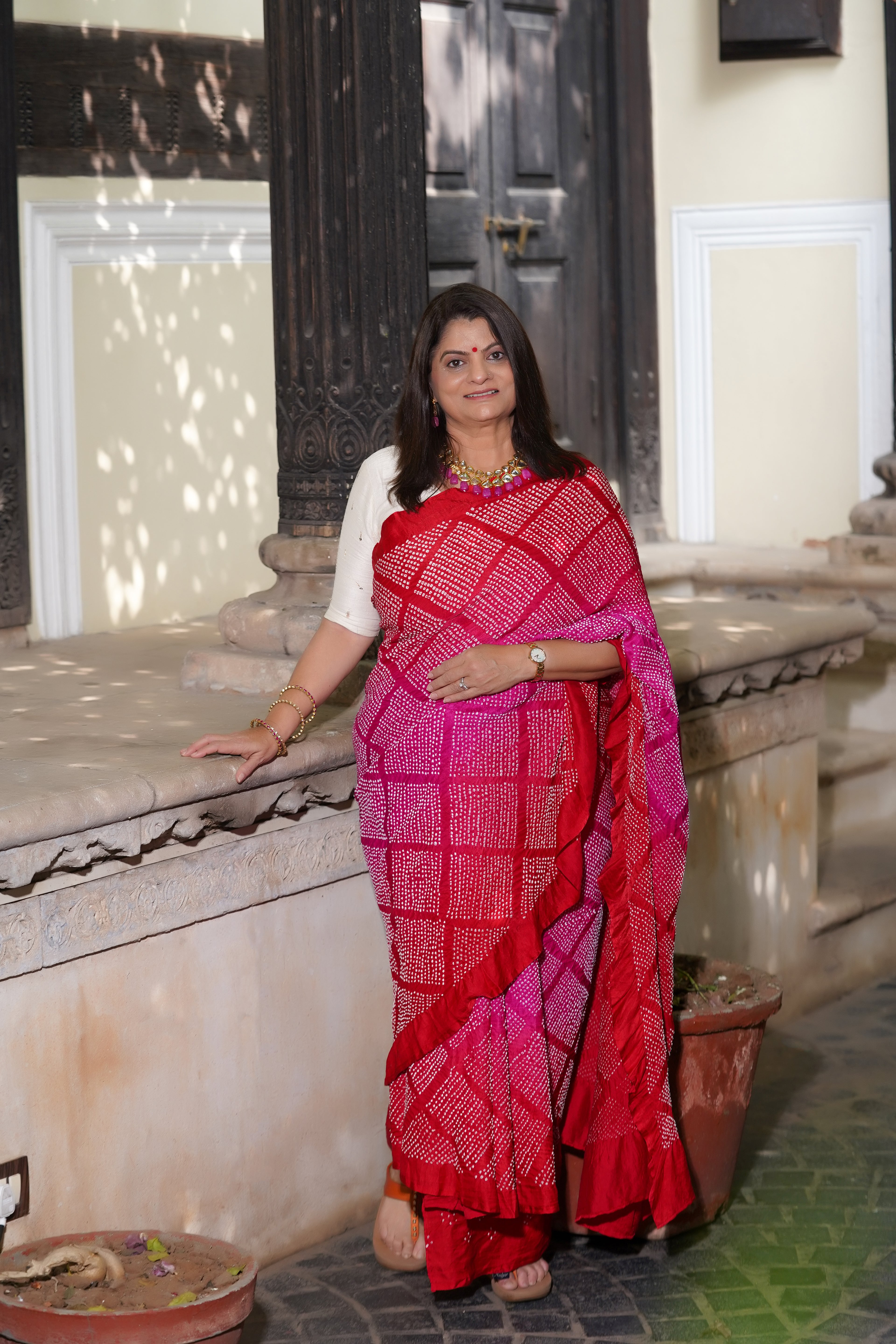 PINK-RED DIAMOND GEOMETRIC BANDHANI SILK SAREE