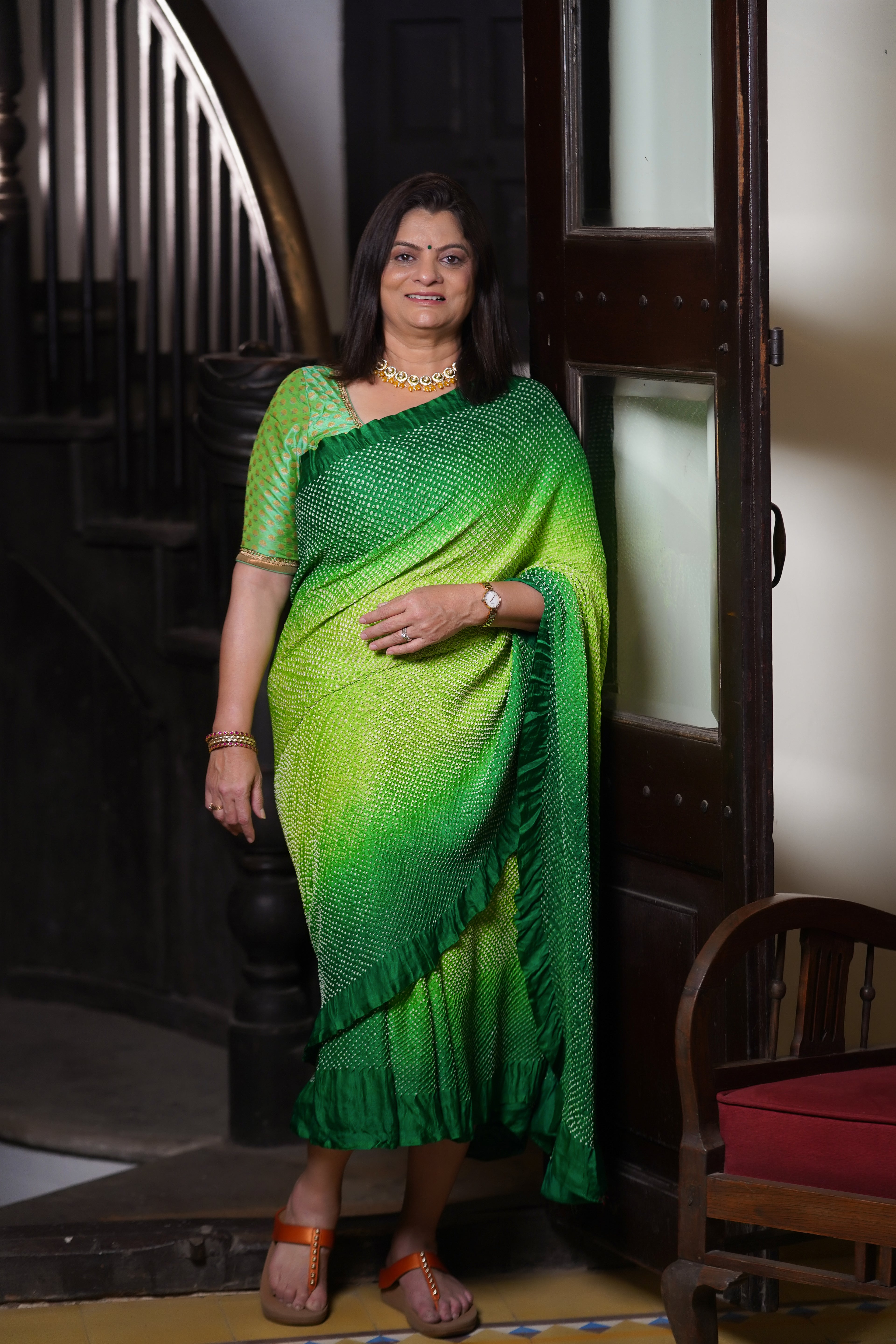 EMERALD GREEN ETERNAL DOTS BANDHANI SILK SAREE