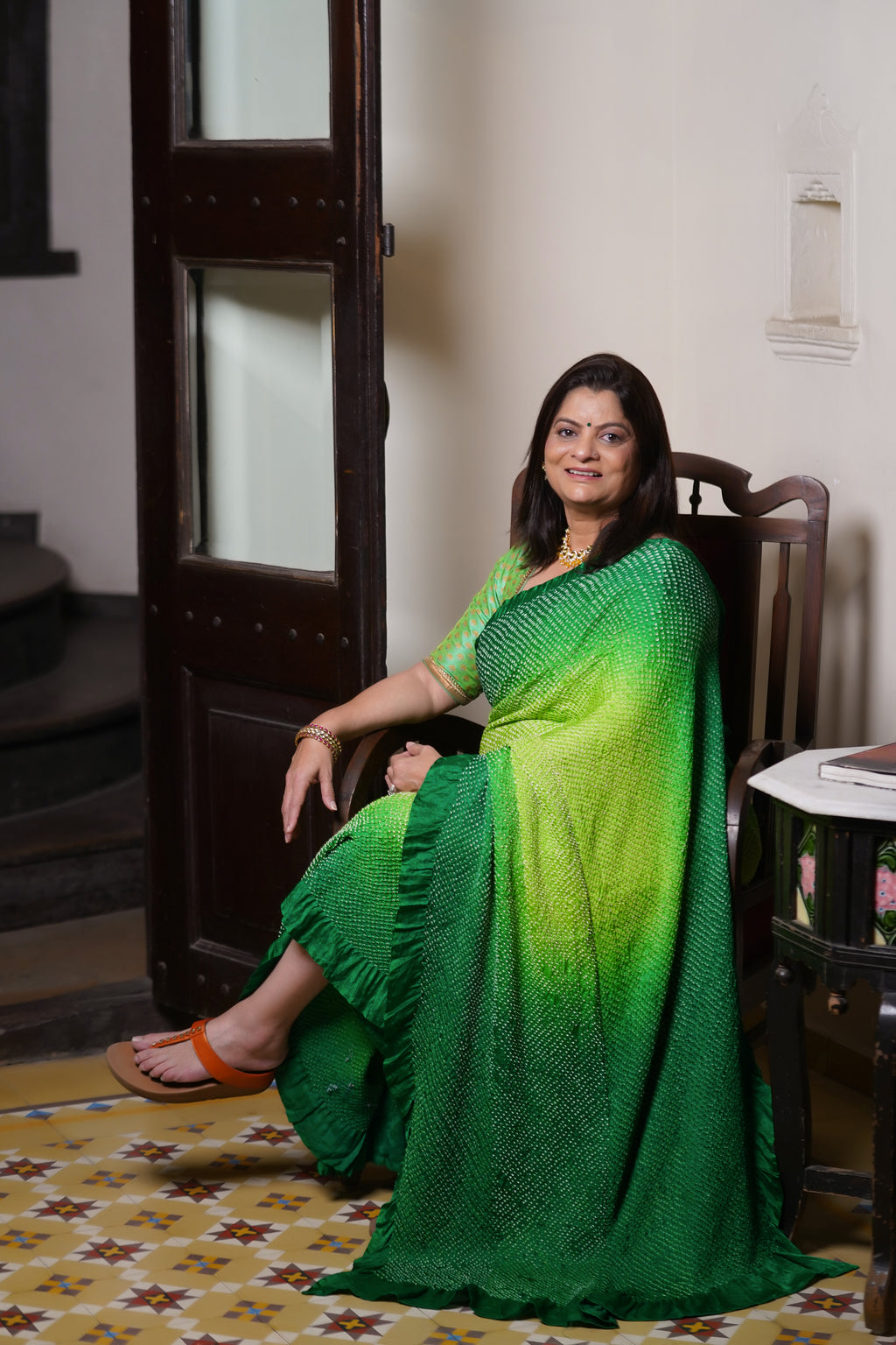 EMERALD GREEN ETERNAL DOTS BANDHANI SILK SAREE