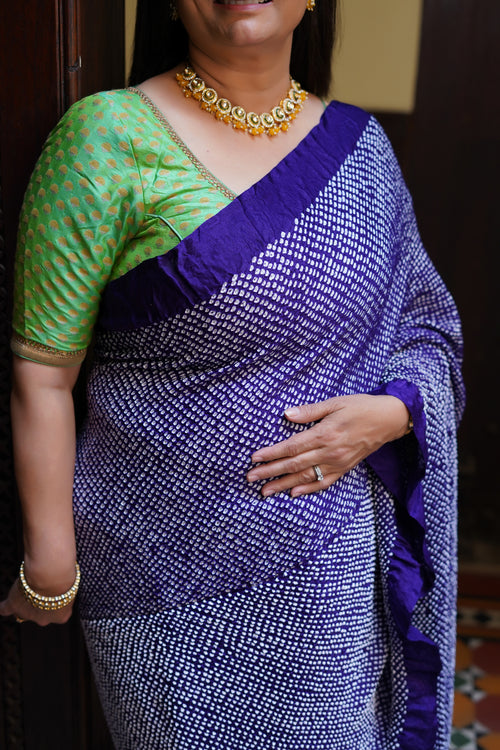 BLUE YIN-YANG HALF FULL HALF EMPTY ETERNAL DOT BANDHANI SILK SAREE