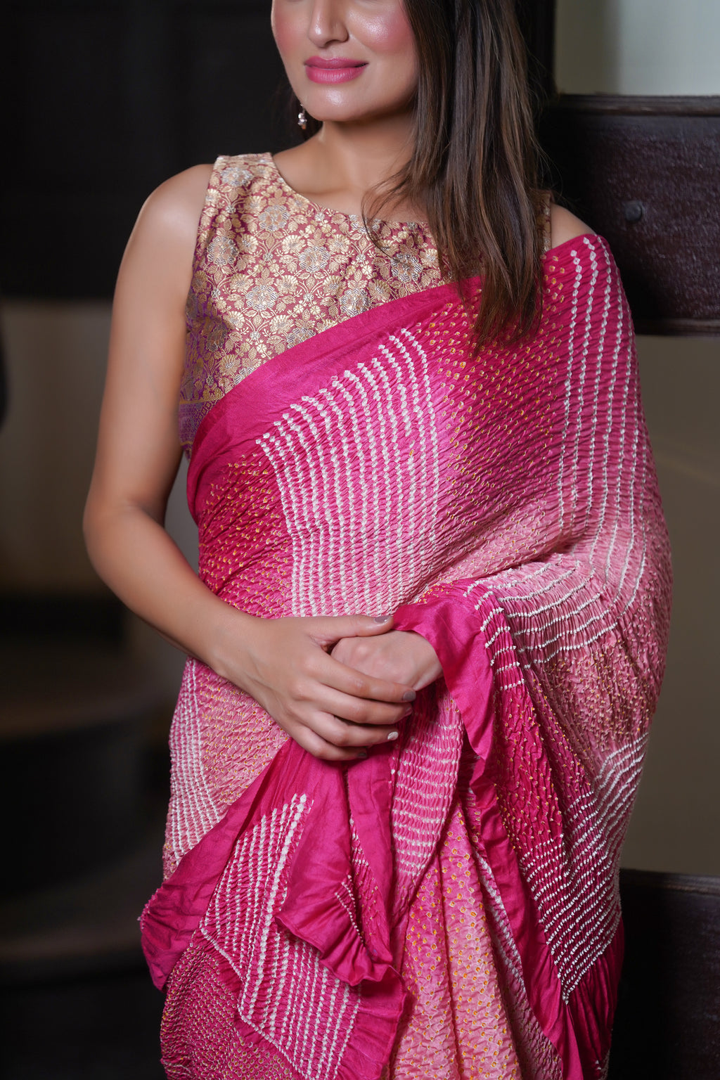 PINK LINES AND DOTS BANDHANI SILK SAREE