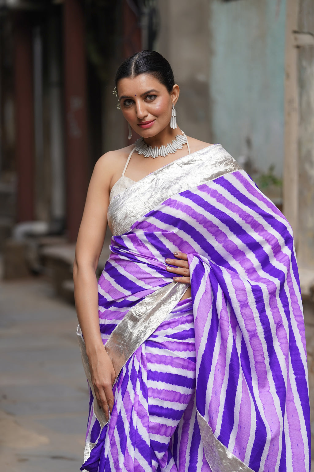 PURPLE LEHERIYA SILK SAREE WITH LAMPI BORDER