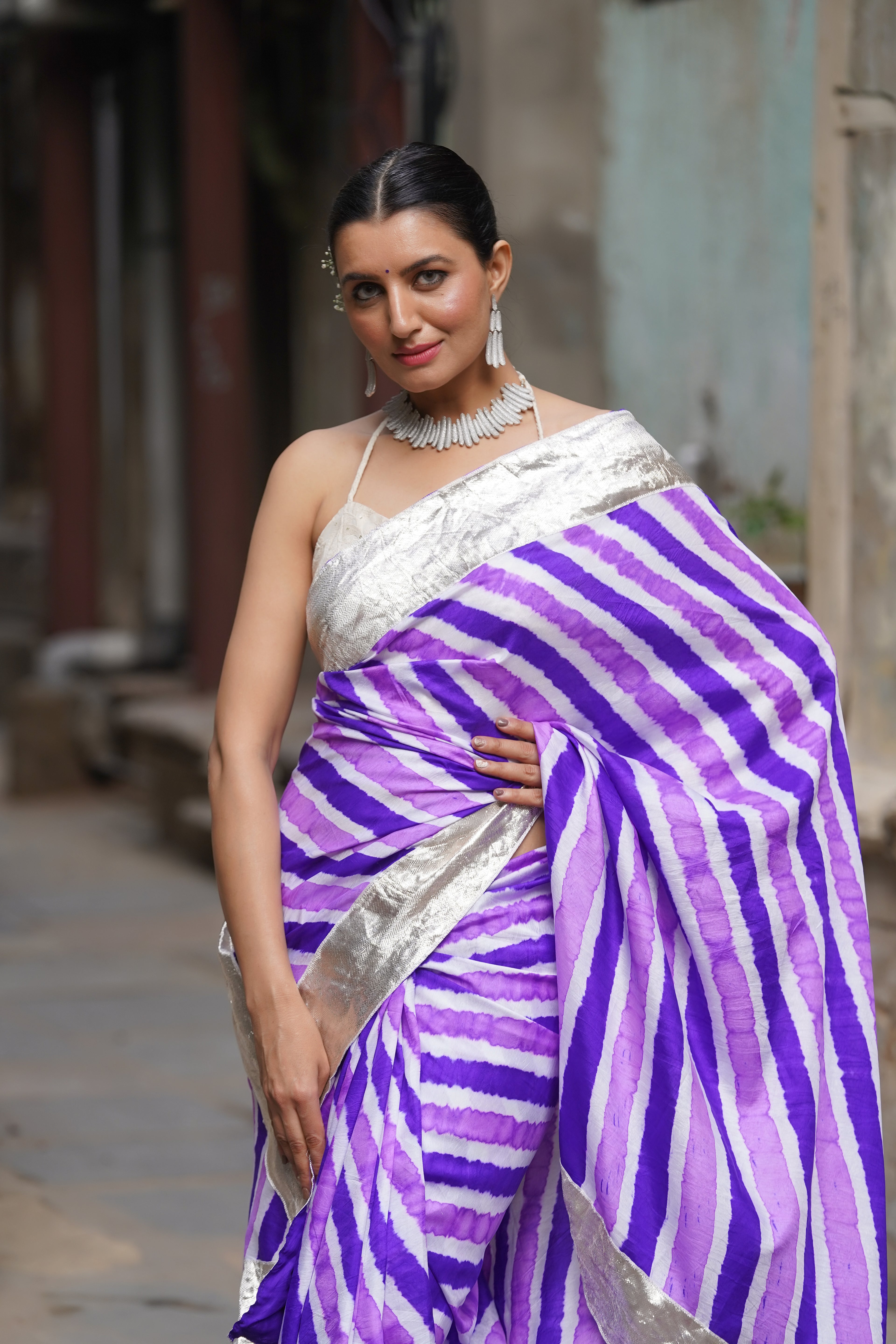 PURPLE LEHERIYA SILK SAREE WITH LAMPI BORDER