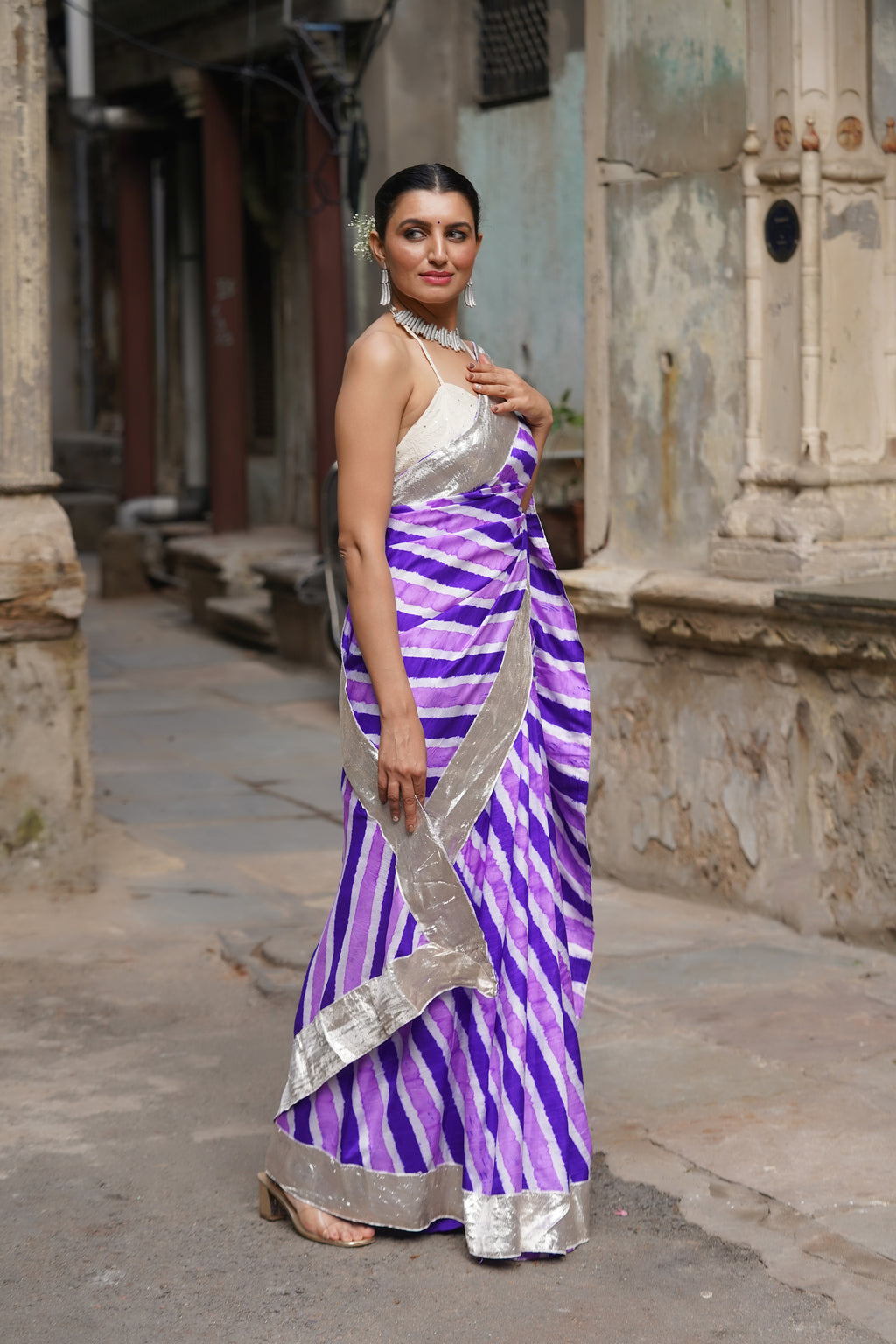 PURPLE LEHERIYA SILK SAREE WITH LAMPI BORDER