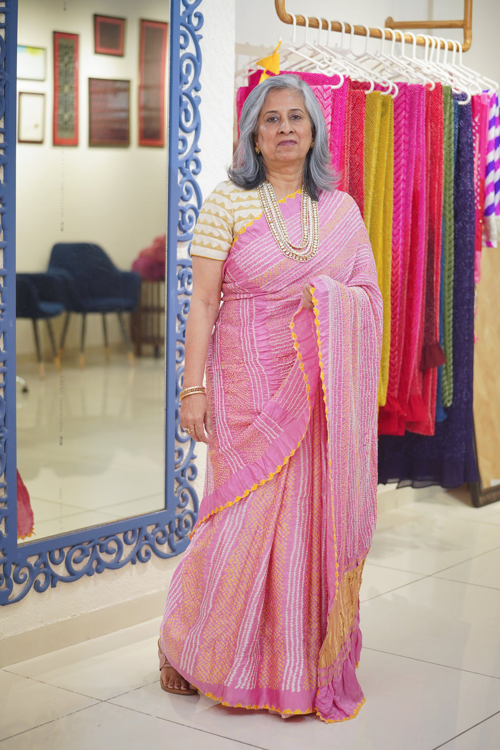 LIGHT PINK LINES AND DOTS SILK BANDHANI SAREE