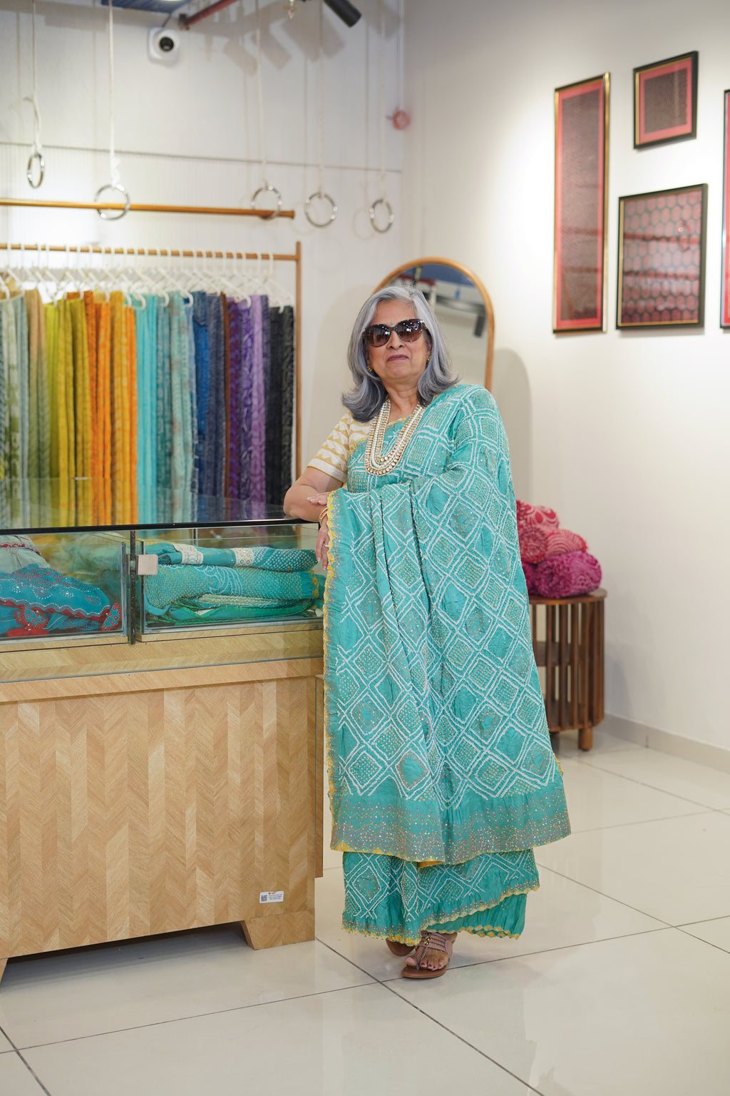 LIGHT BLUE DIAMOND GEOMETRIC SILK BANDHANI SAREE WITH HAND EMBROIDERY AND TASSELS