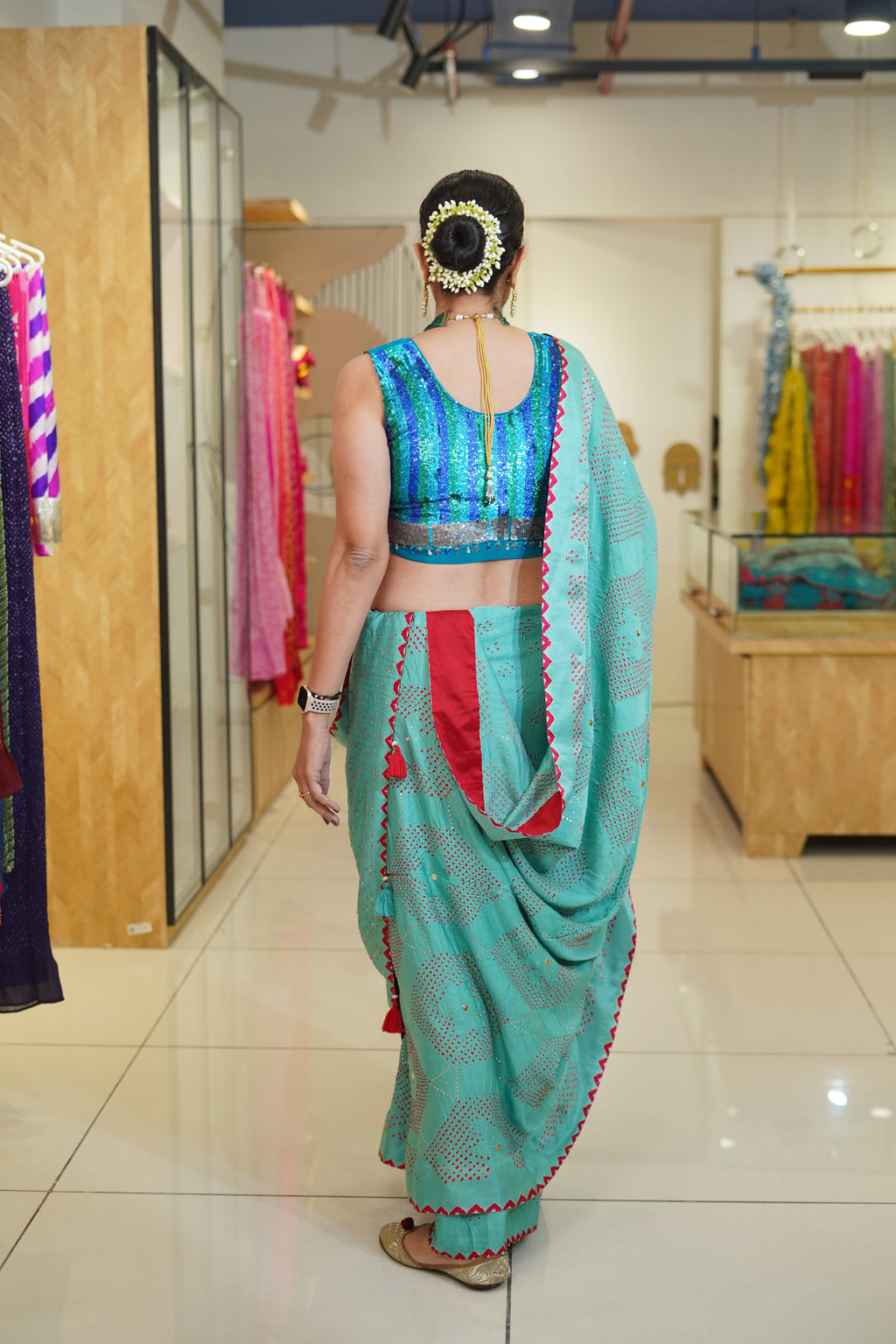 LIGHT BLUE F4 GEOMETRIC SILK BANDHANI SAREE WITH MUKAISH WORK