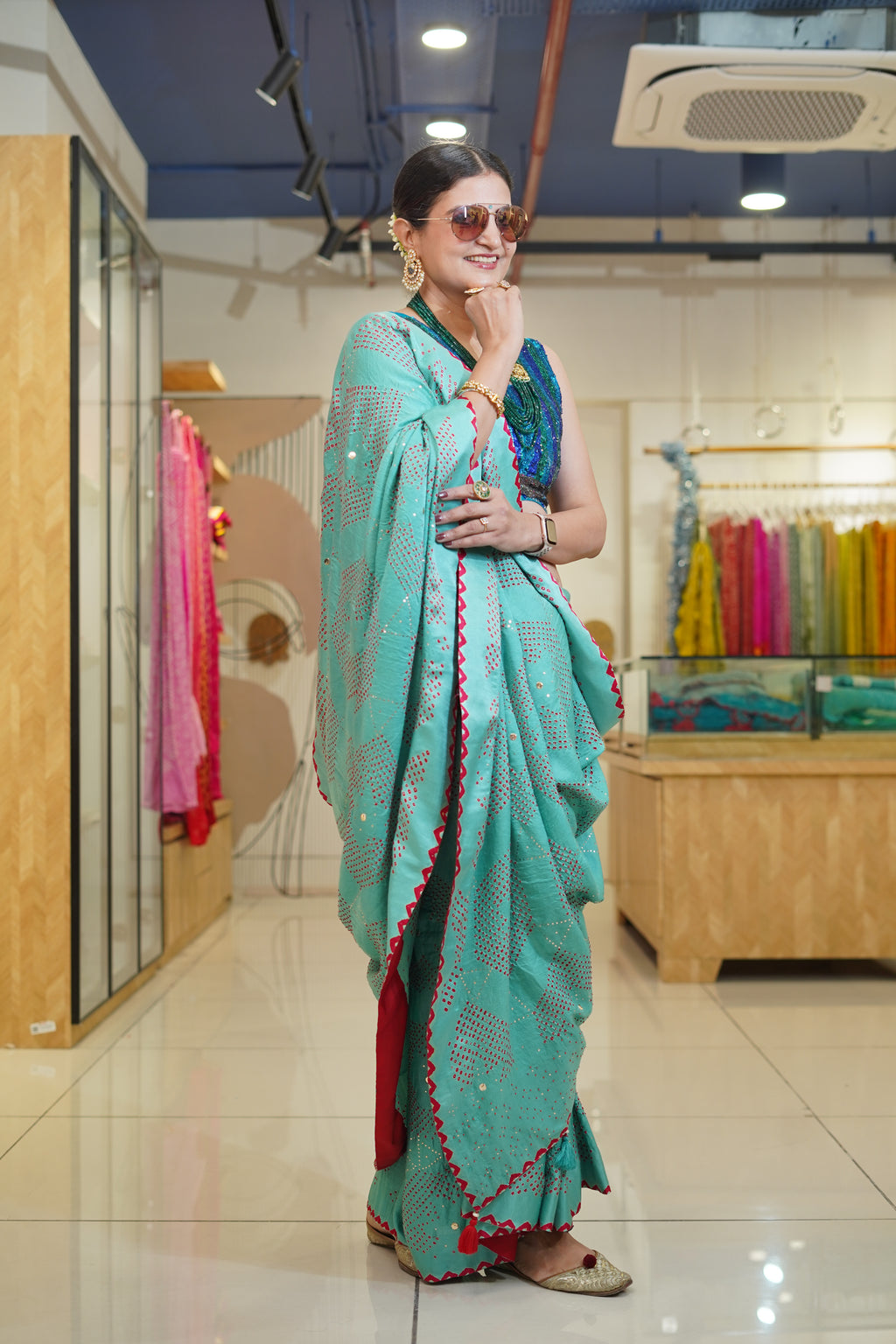 LIGHT BLUE F4 GEOMETRIC SILK BANDHANI SAREE WITH MUKAISH WORK