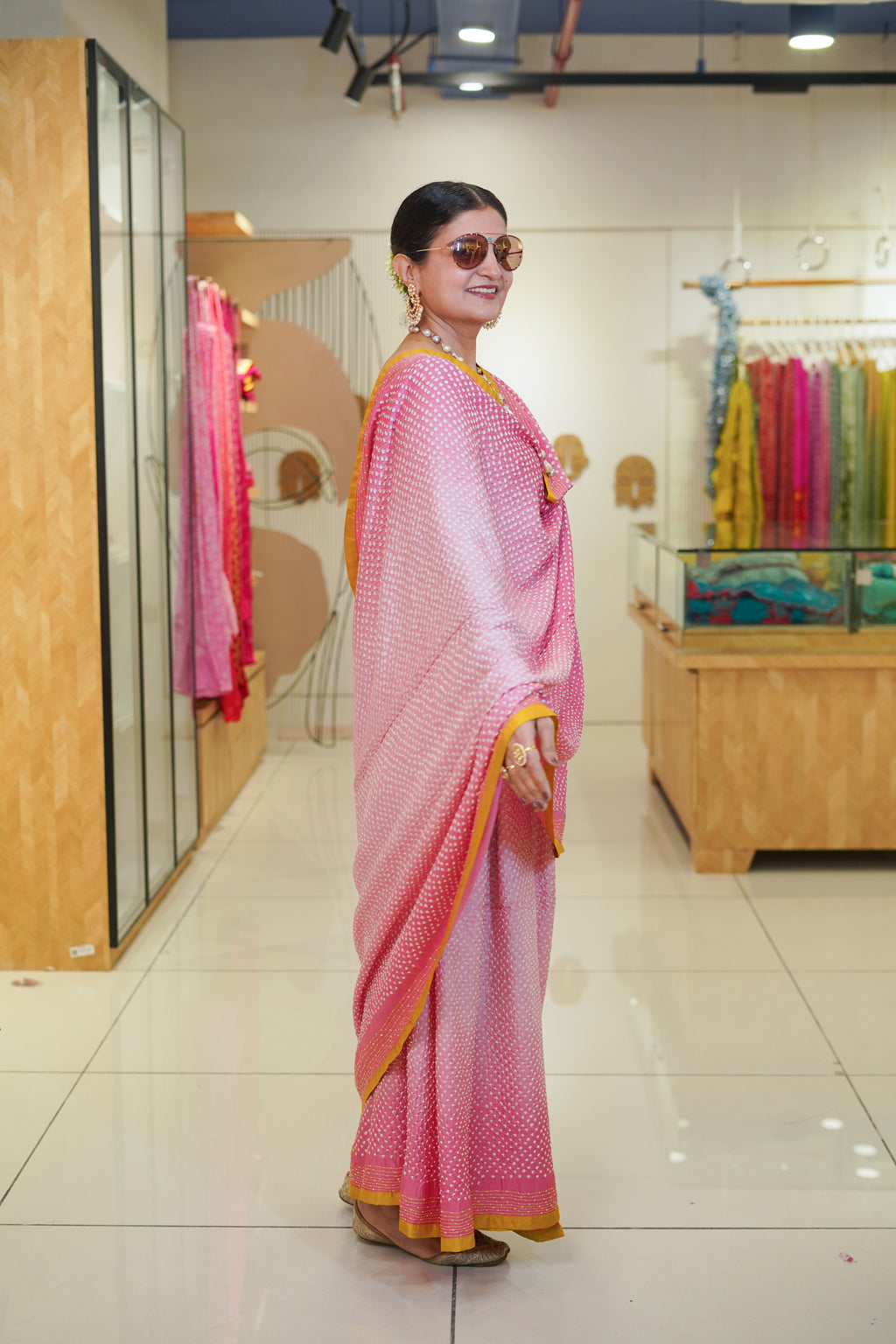 LIGHT PINK ETERNAL DOTS SILK BANDHANI SAREE WITH EMBROIDERY AND SILK BORDER