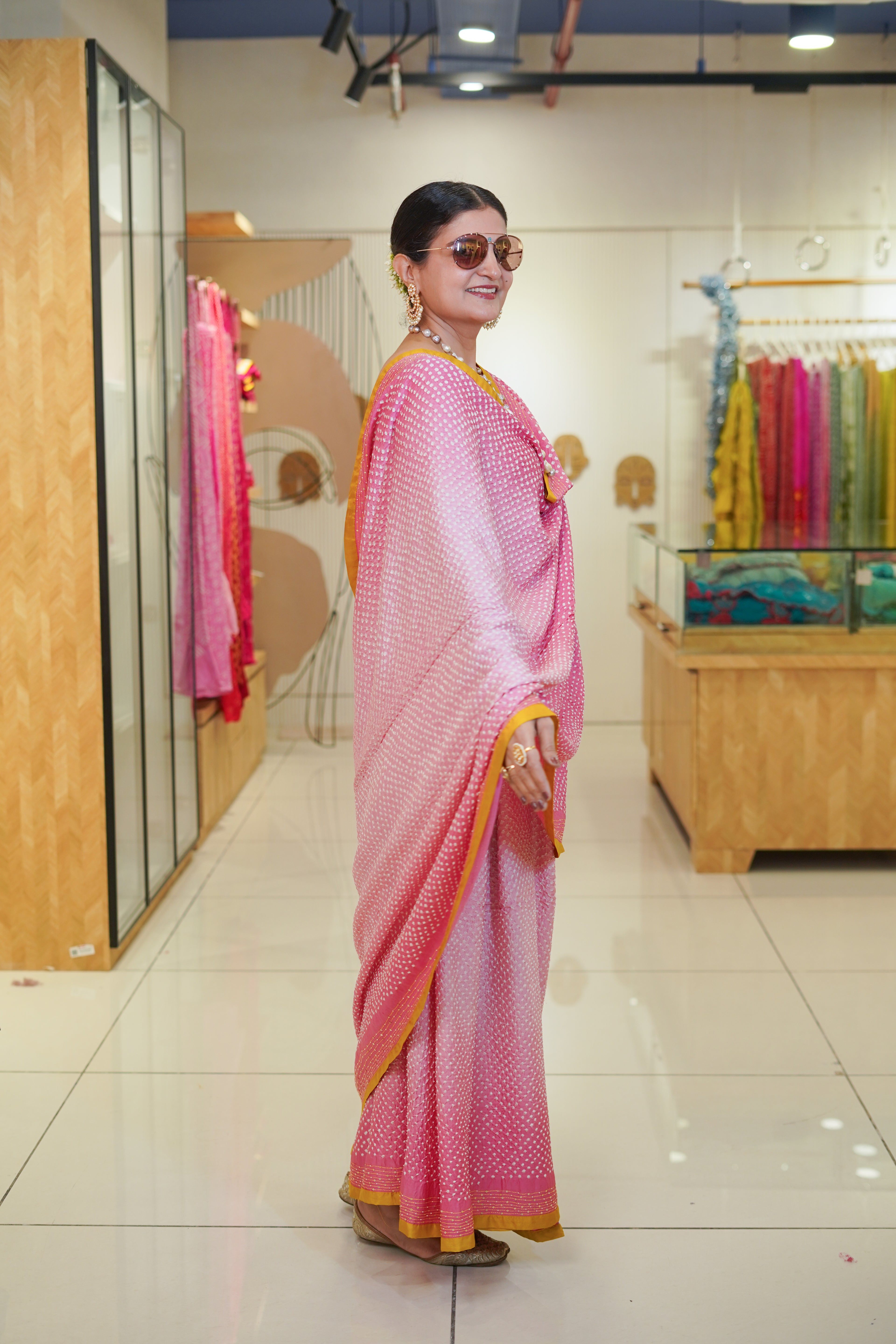 LIGHT PINK ETERNAL DOTS SILK BANDHANI SAREE WITH EMBROIDERY AND SILK BORDER