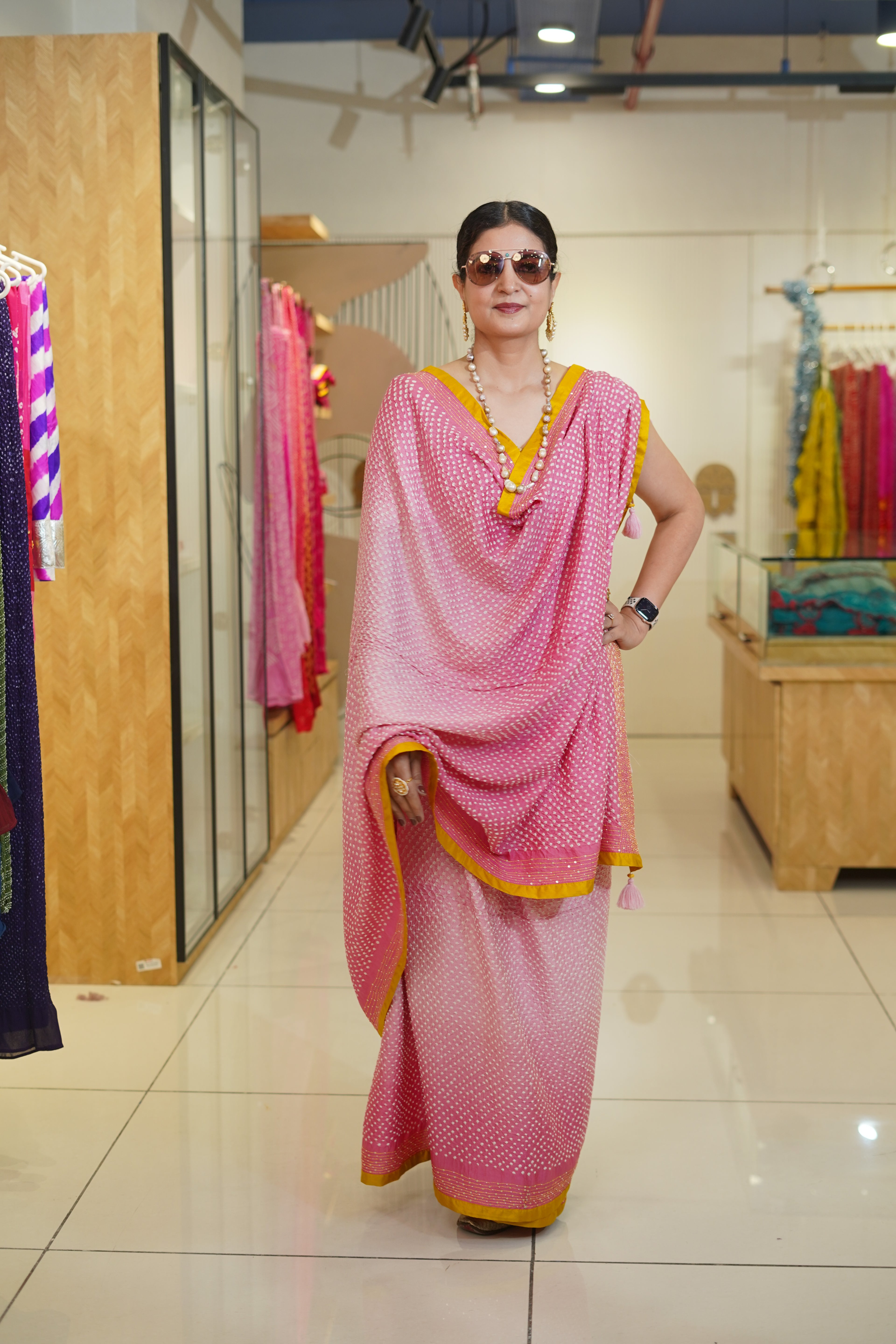 LIGHT PINK ETERNAL DOTS SILK BANDHANI SAREE WITH EMBROIDERY AND SILK BORDER