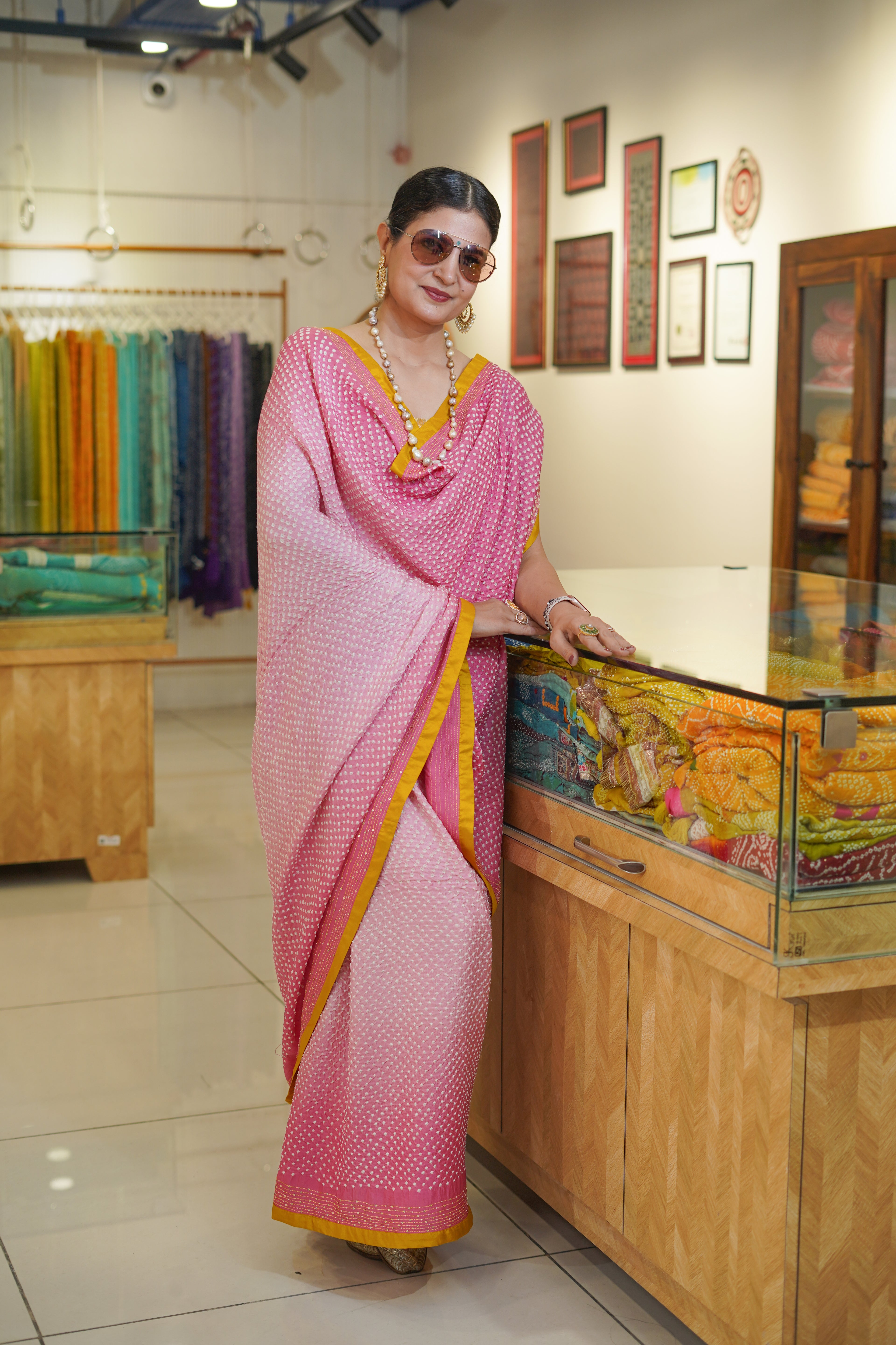 LIGHT PINK ETERNAL DOTS SILK BANDHANI SAREE WITH EMBROIDERY AND SILK BORDER