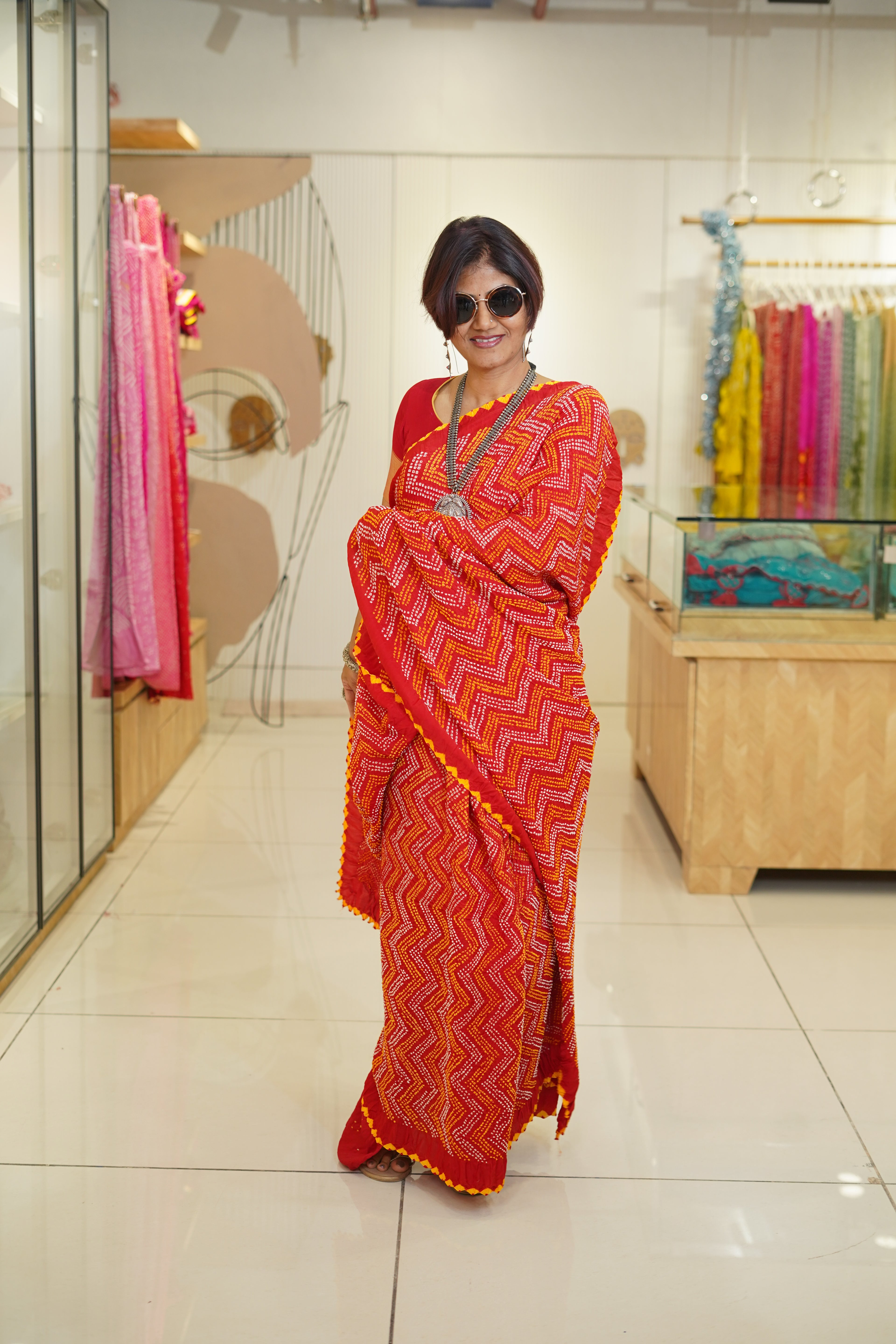 RED O3 CHEVRON SILK BANDHANI SAREE