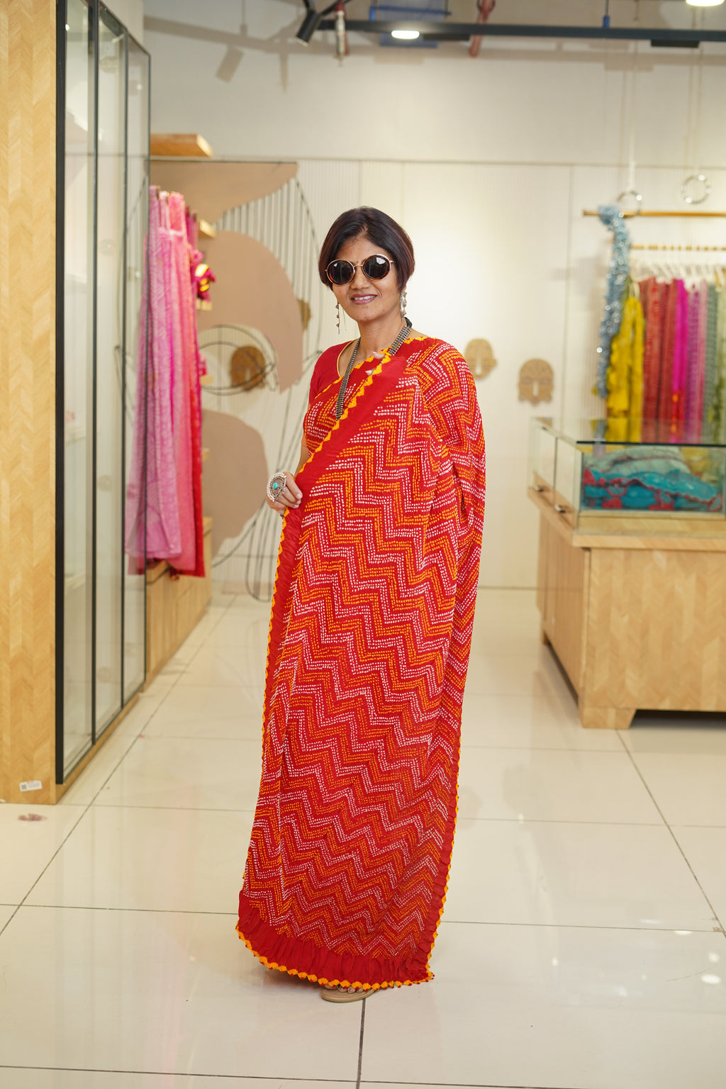 RED O3 CHEVRON SILK BANDHANI SAREE