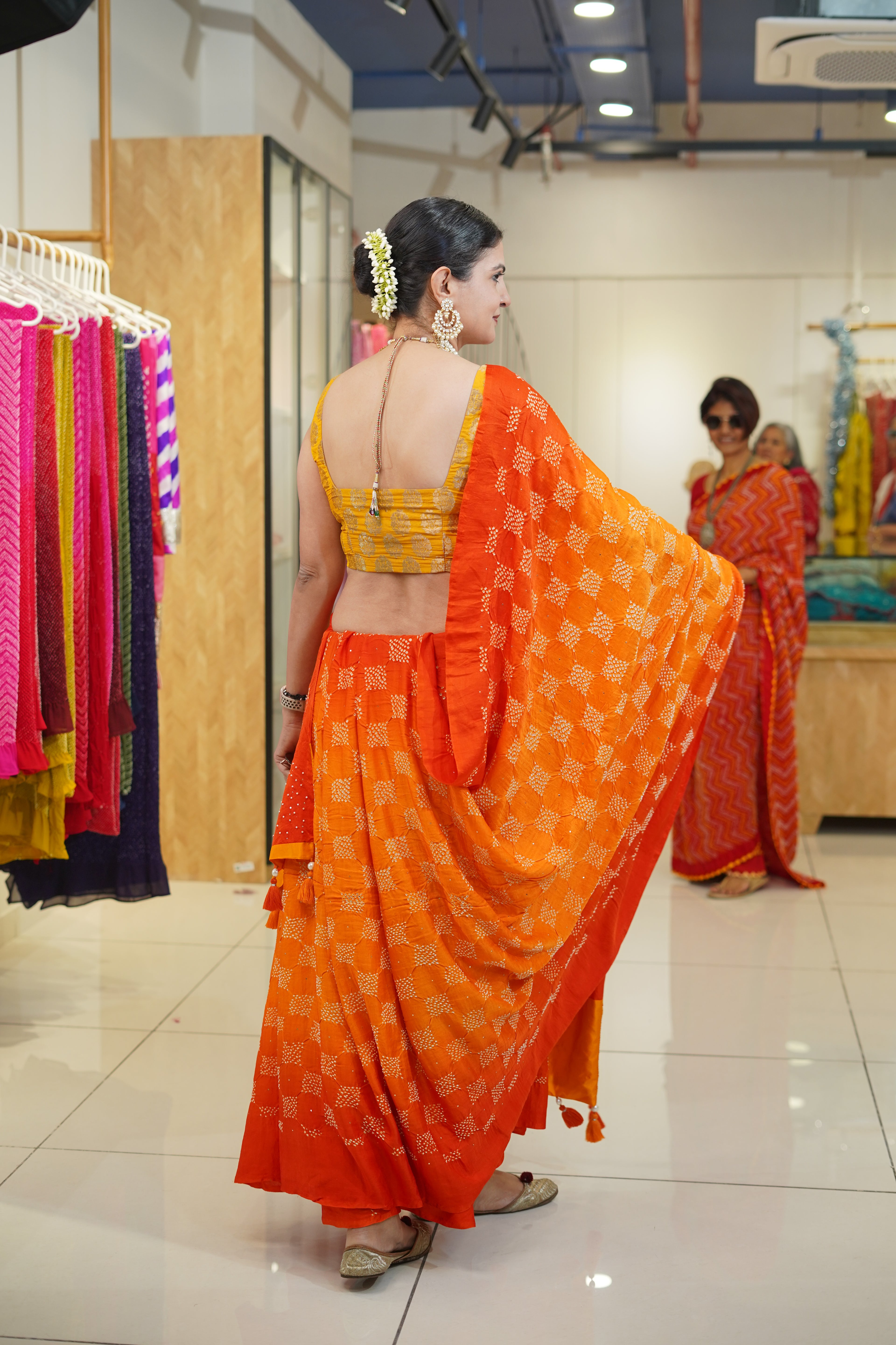 YELLOW-ORANGE S3 GEOMETRIC SILK BANDHANI SAREE WITH MUKAISH AND STONE WORK