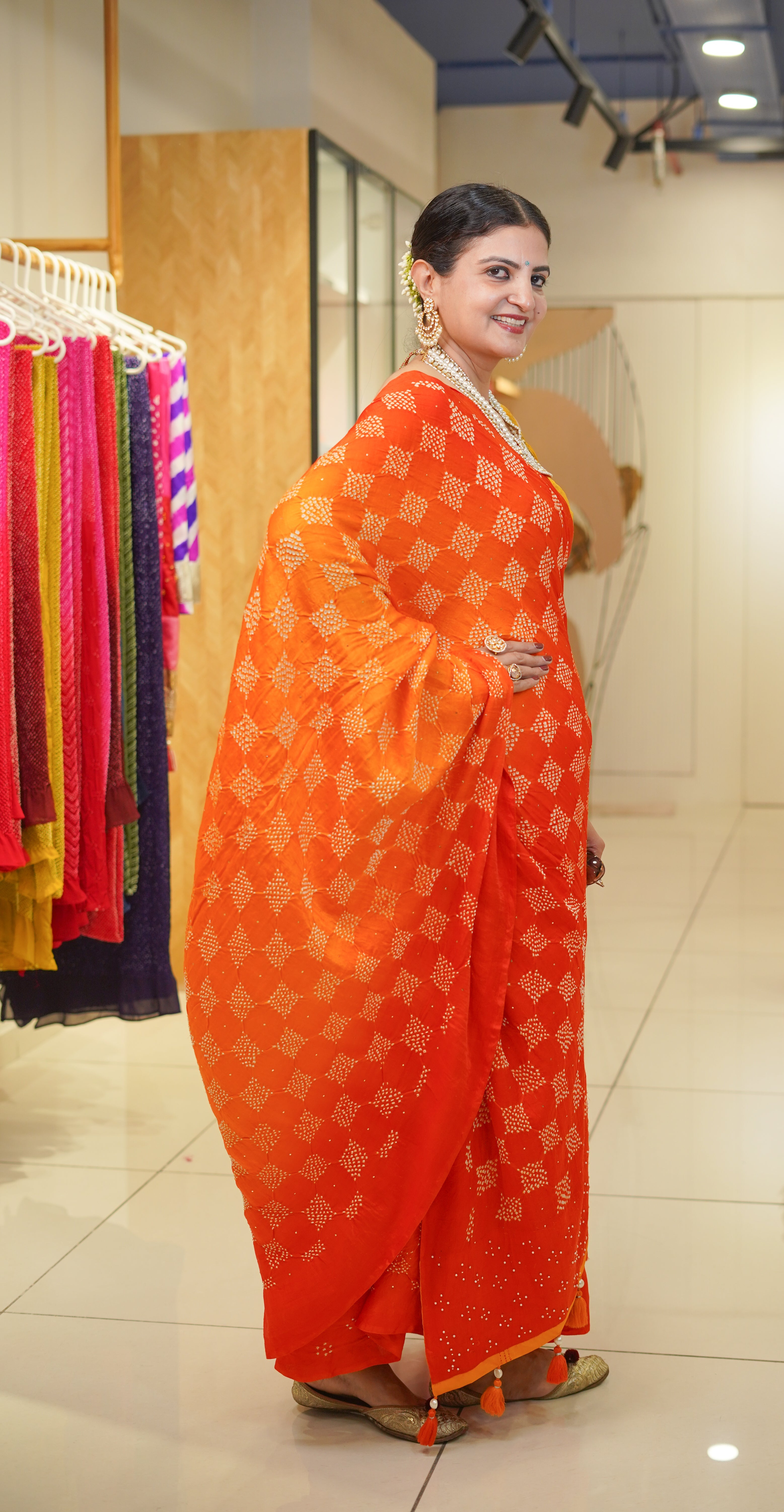 YELLOW-ORANGE S3 GEOMETRIC SILK BANDHANI SAREE WITH MUKAISH AND STONE WORK