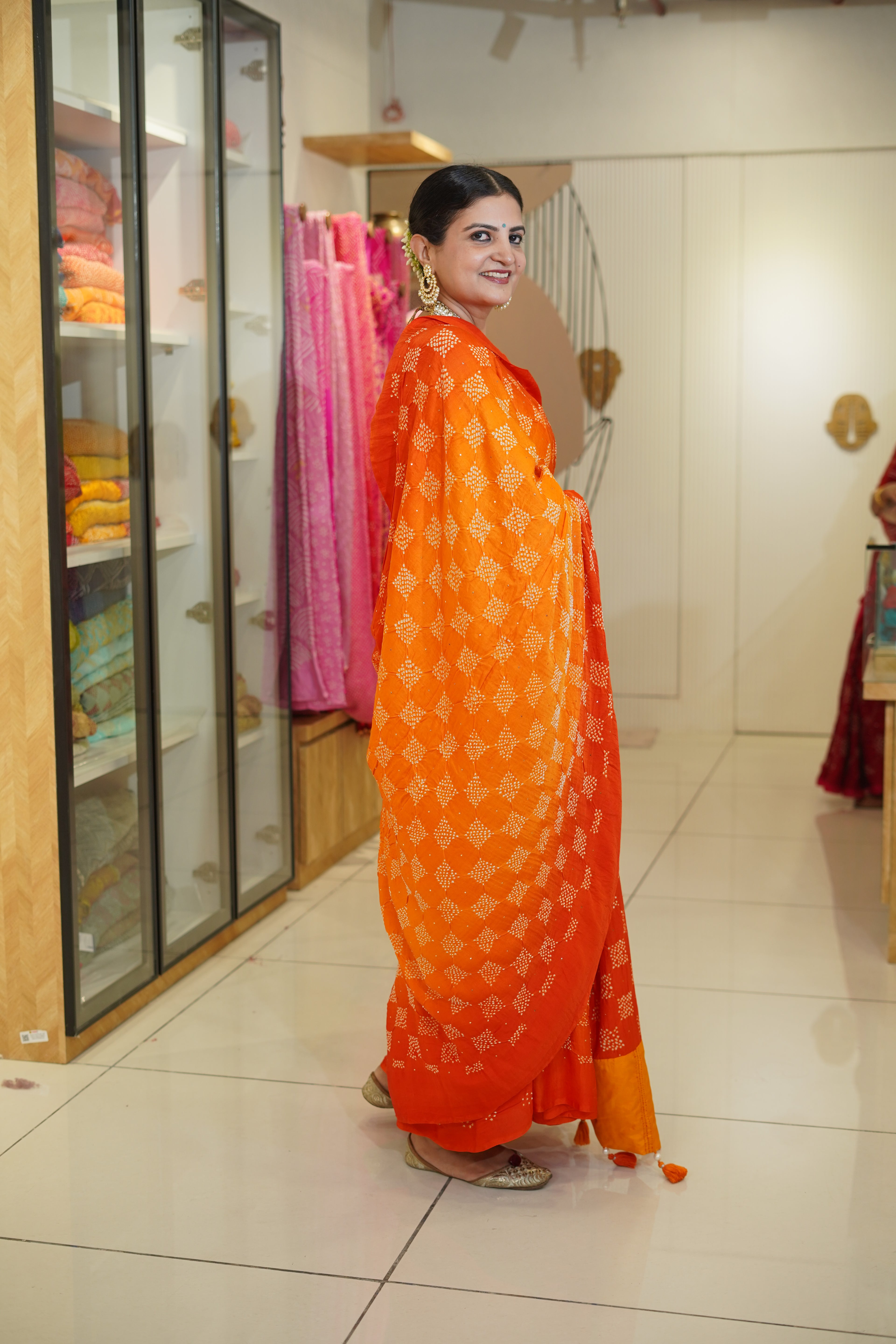YELLOW-ORANGE S3 GEOMETRIC SILK BANDHANI SAREE WITH MUKAISH AND STONE WORK