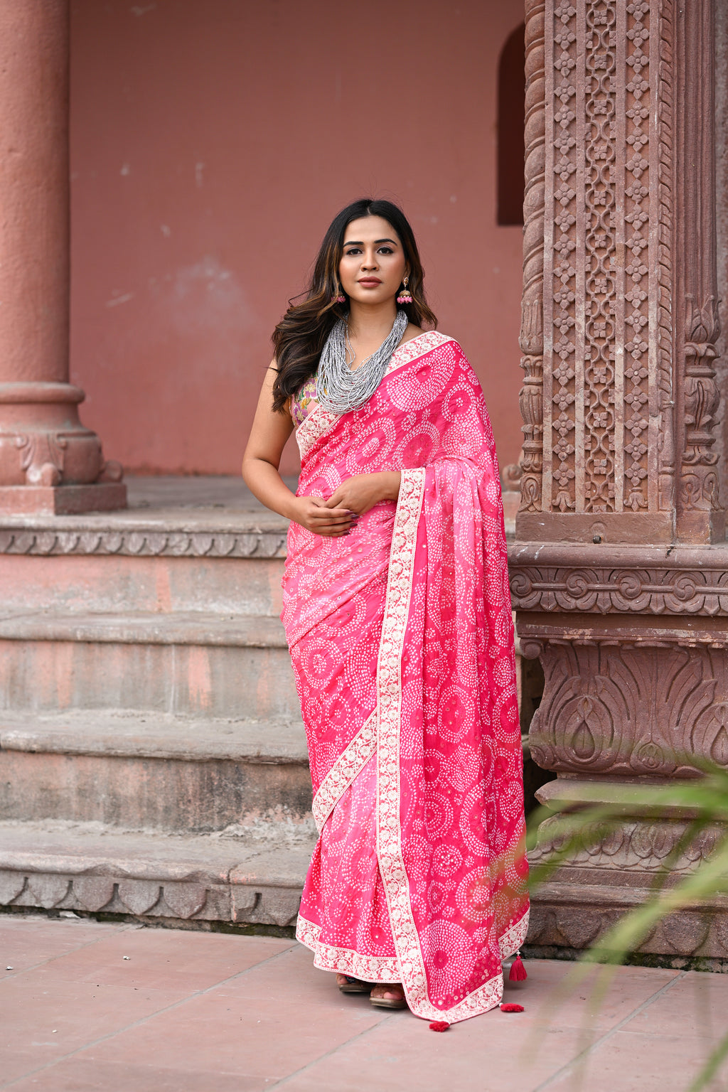 PINK CIRCLES OF THE LIFE BANDHANI SILK SAREE WITH MIRROR WORK AND LACE