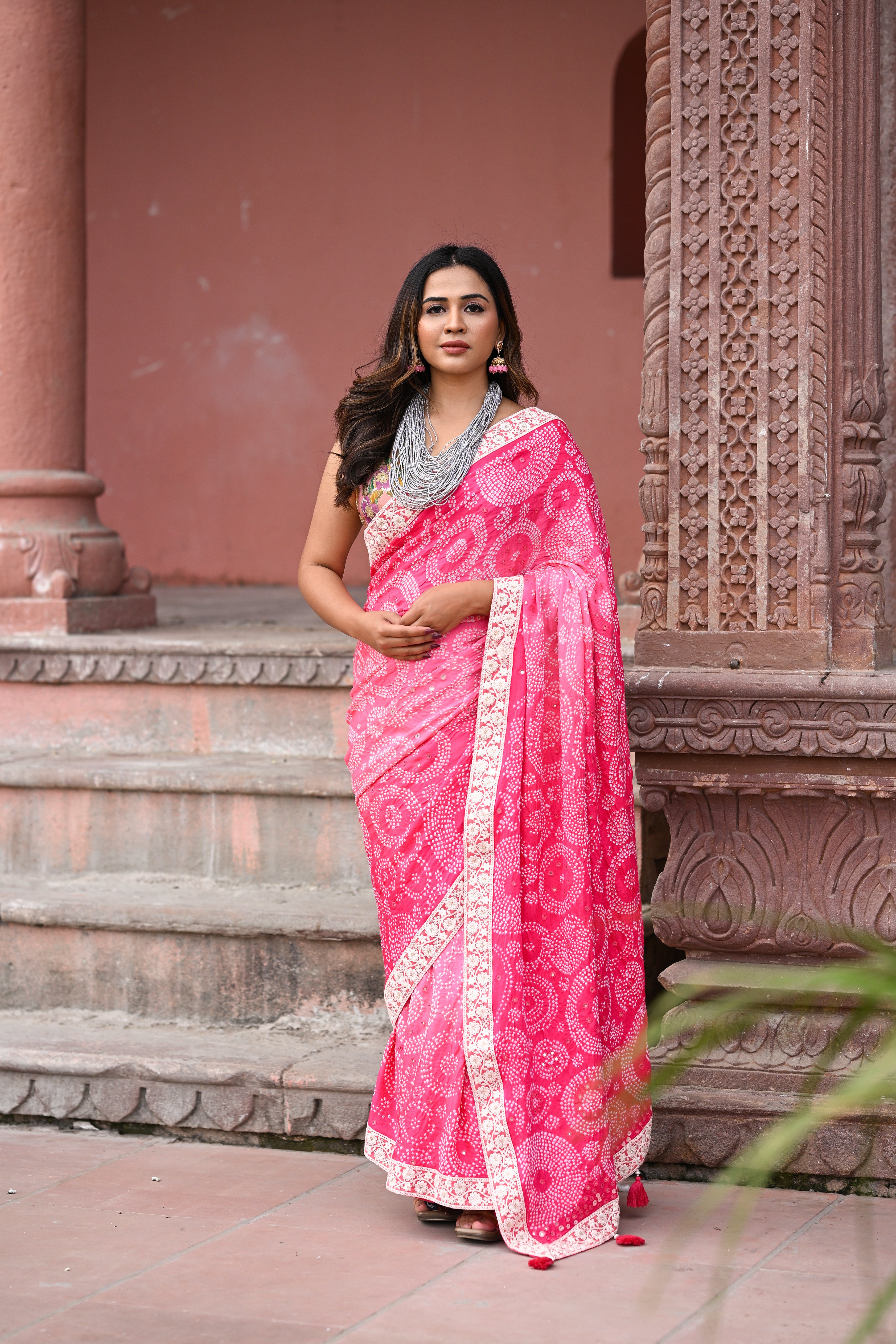 PINK CIRCLES OF THE LIFE BANDHANI SILK SAREE WITH MIRROR WORK AND LACE