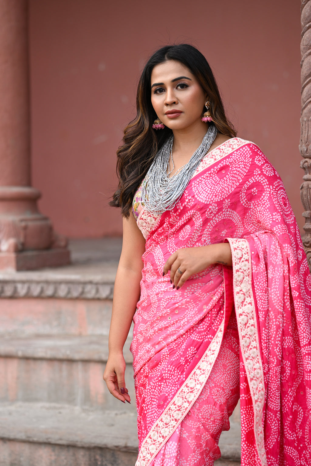 PINK CIRCLES OF THE LIFE BANDHANI SILK SAREE WITH MIRROR WORK AND LACE